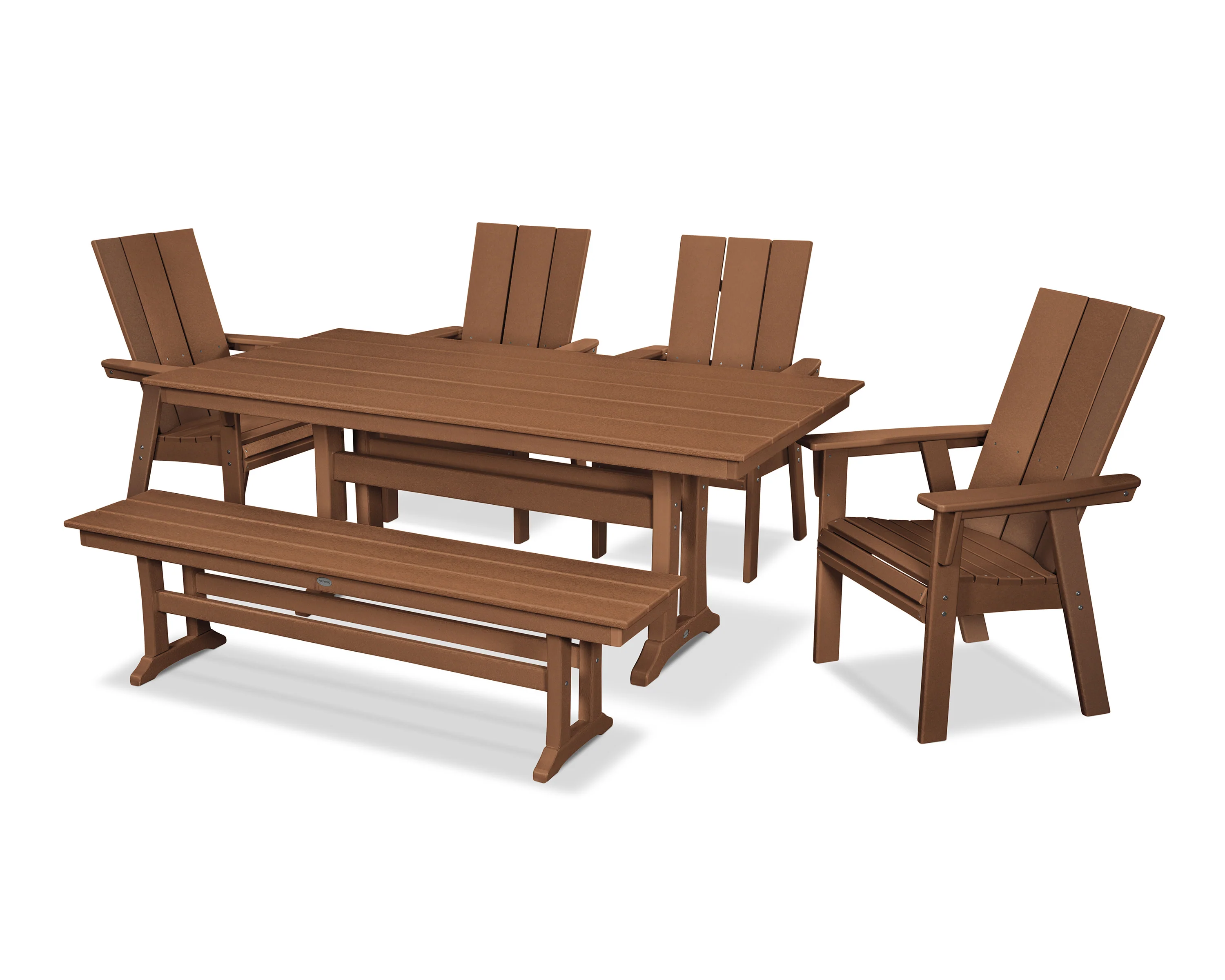 Modern Curveback Adirondack 6-Piece Farmhouse Dining Set with Trestle Legs and Bench - Image 10