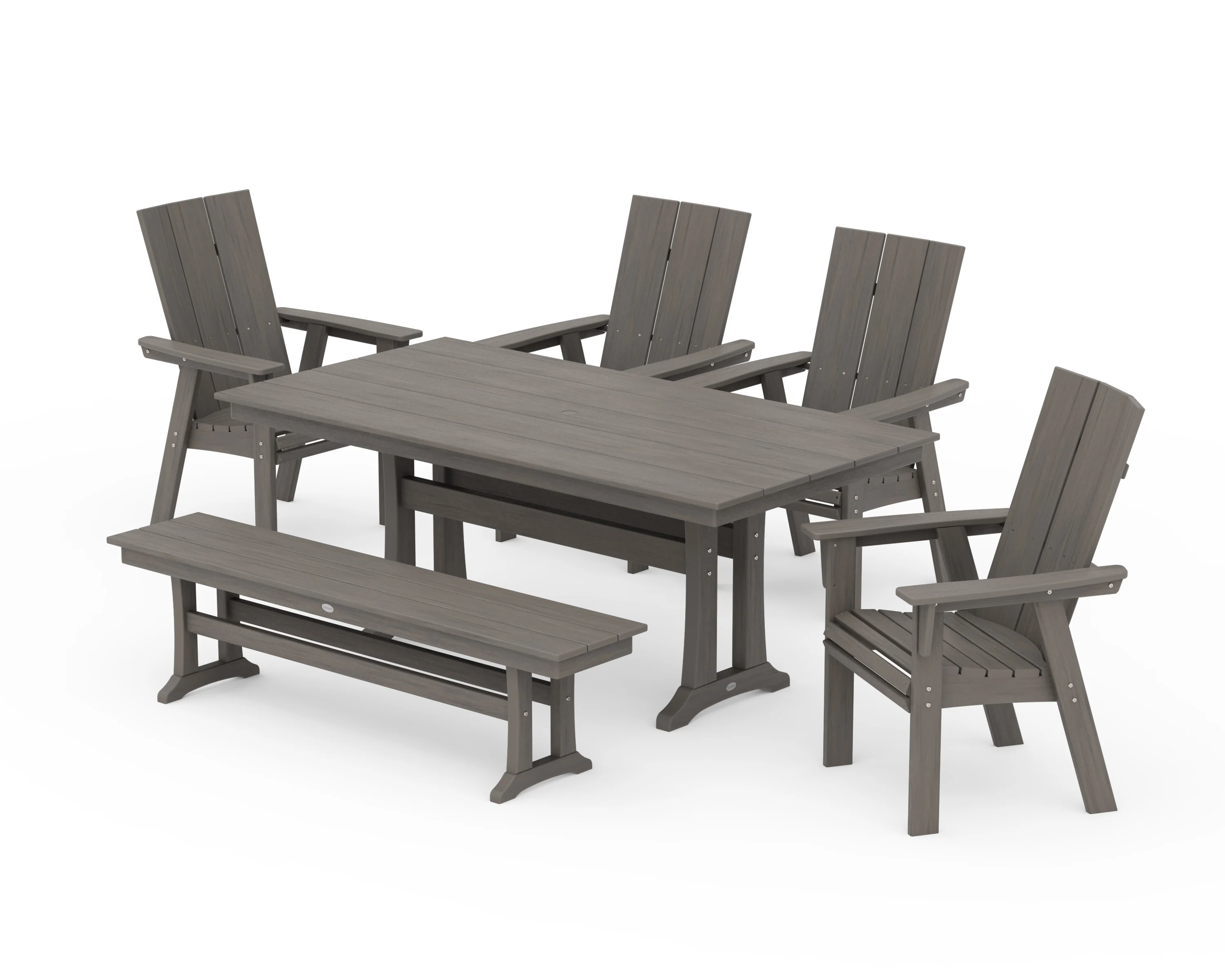 Modern Curveback Adirondack 6-Piece Farmhouse Dining Set with Trestle Legs and Bench - Image 11