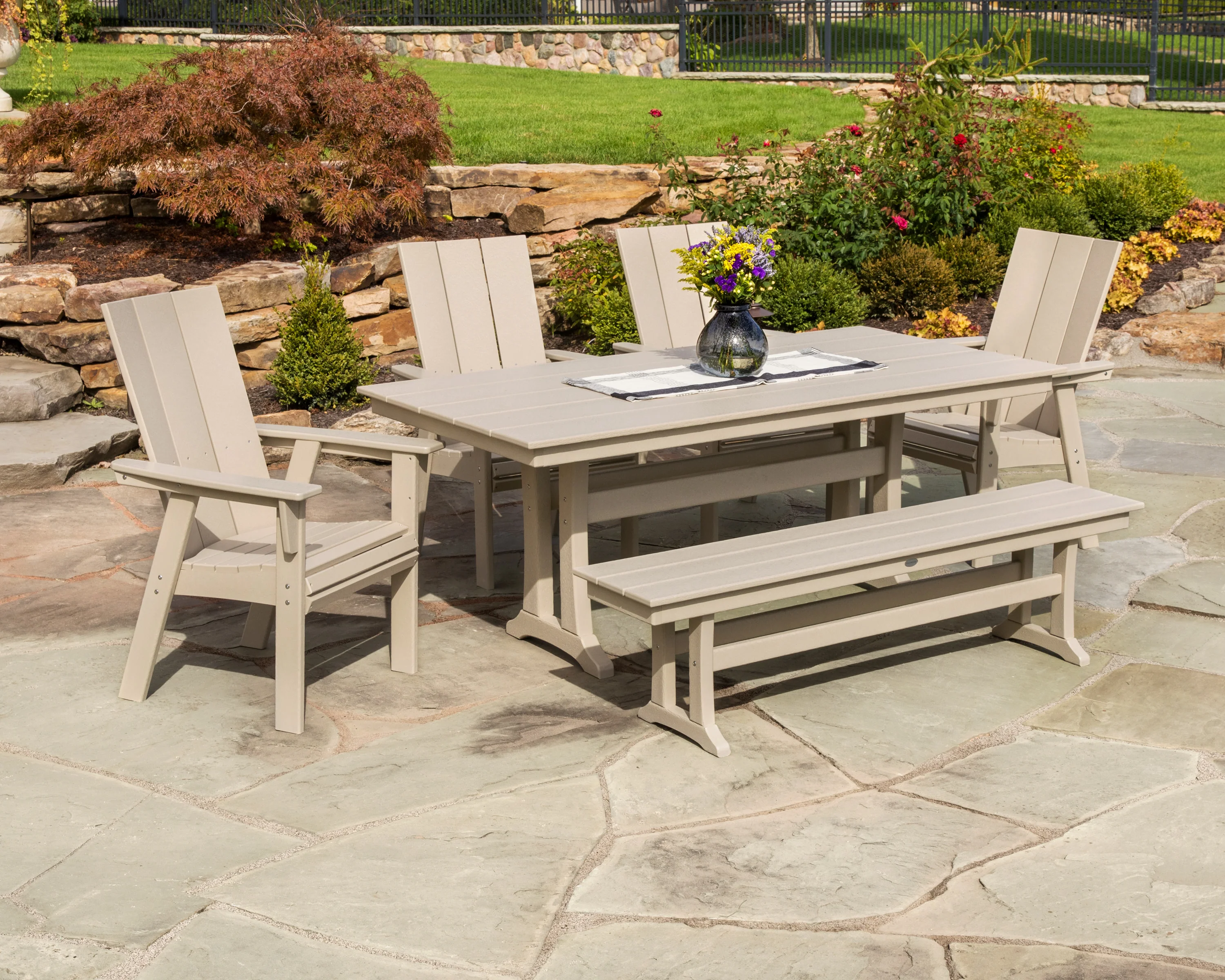 Modern Curveback Adirondack 6-Piece Farmhouse Dining Set with Trestle Legs and Bench - Image 3