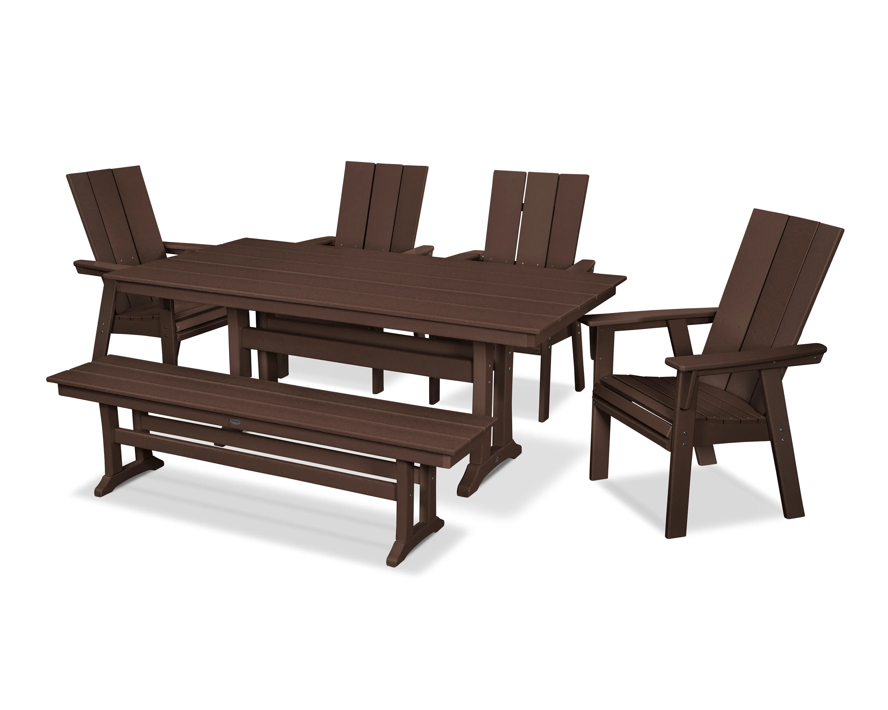 Modern Curveback Adirondack 6-Piece Farmhouse Dining Set with Trestle Legs and Bench - Image 7