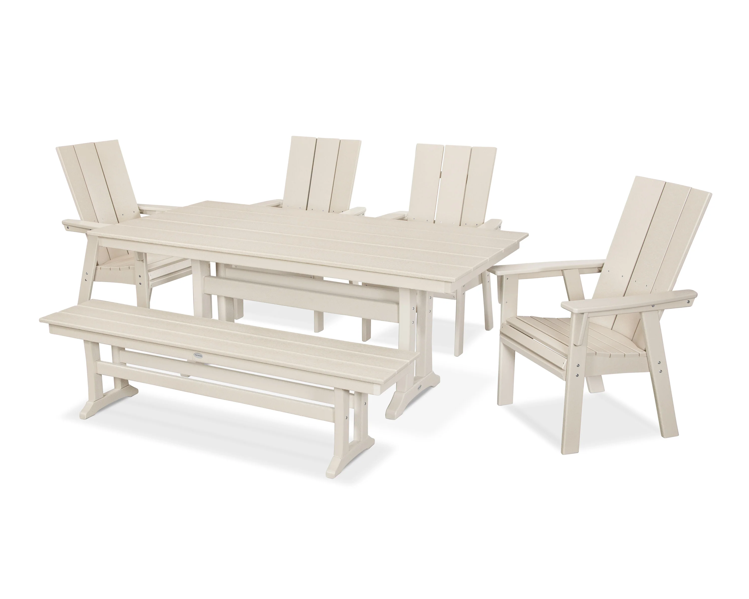 Modern Curveback Adirondack 6-Piece Farmhouse Dining Set with Trestle Legs and Bench - Image 8