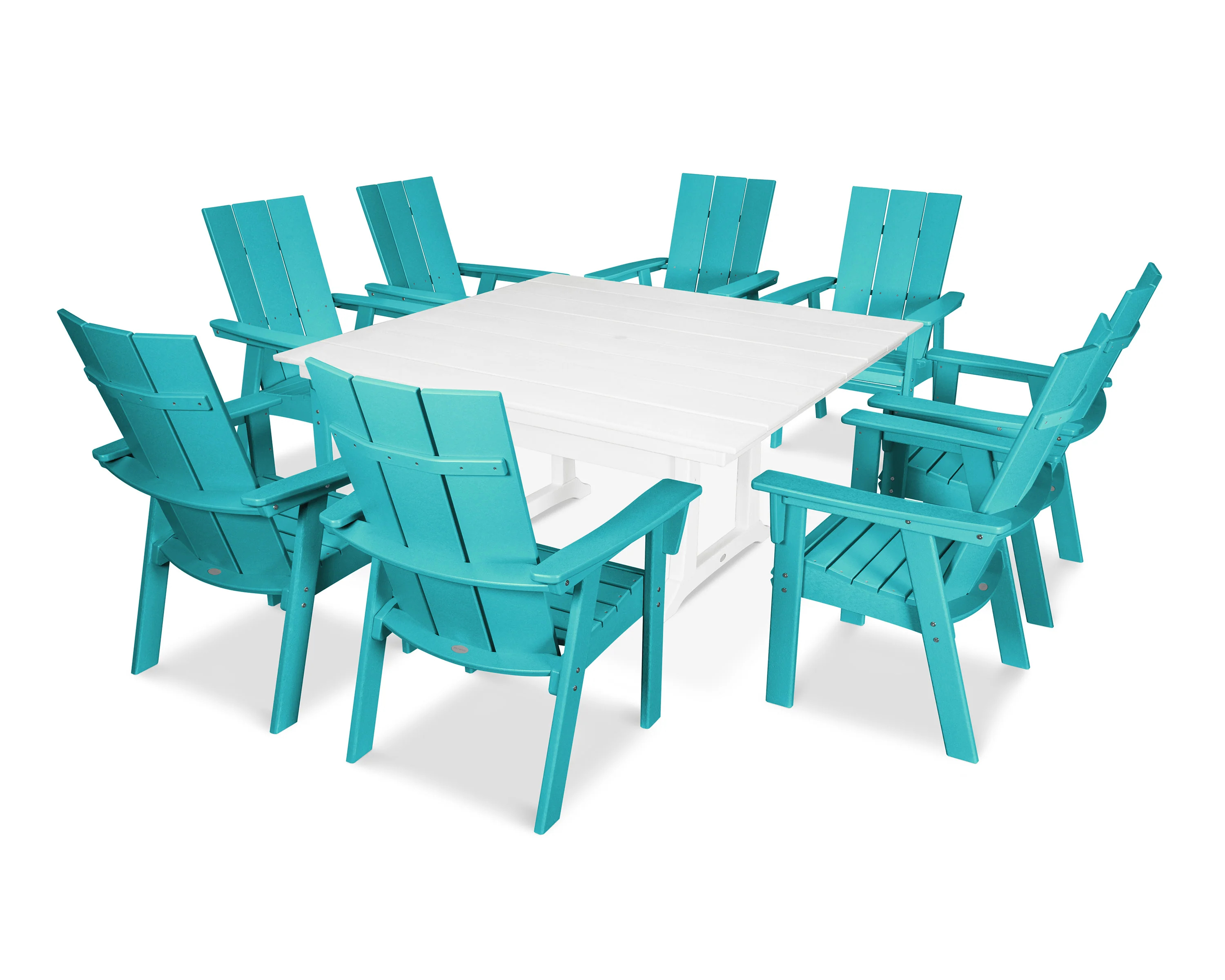 Modern Curveback Adirondack 9-Piece Farmhouse Trestle Dining Set - Image 18