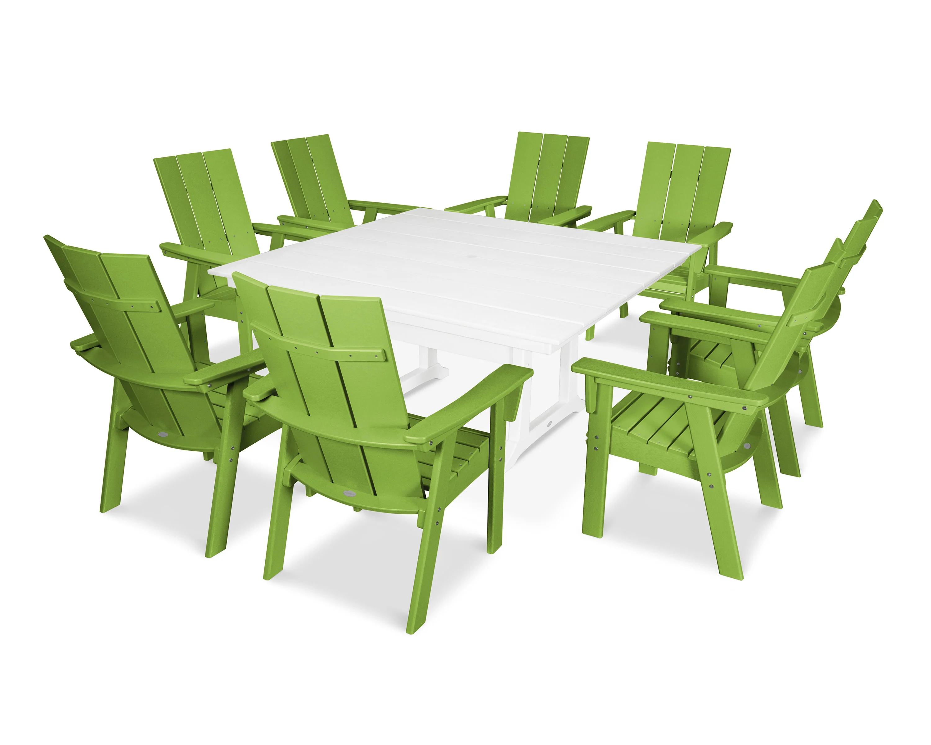 Modern Curveback Adirondack 9-Piece Farmhouse Trestle Dining Set - Image 19
