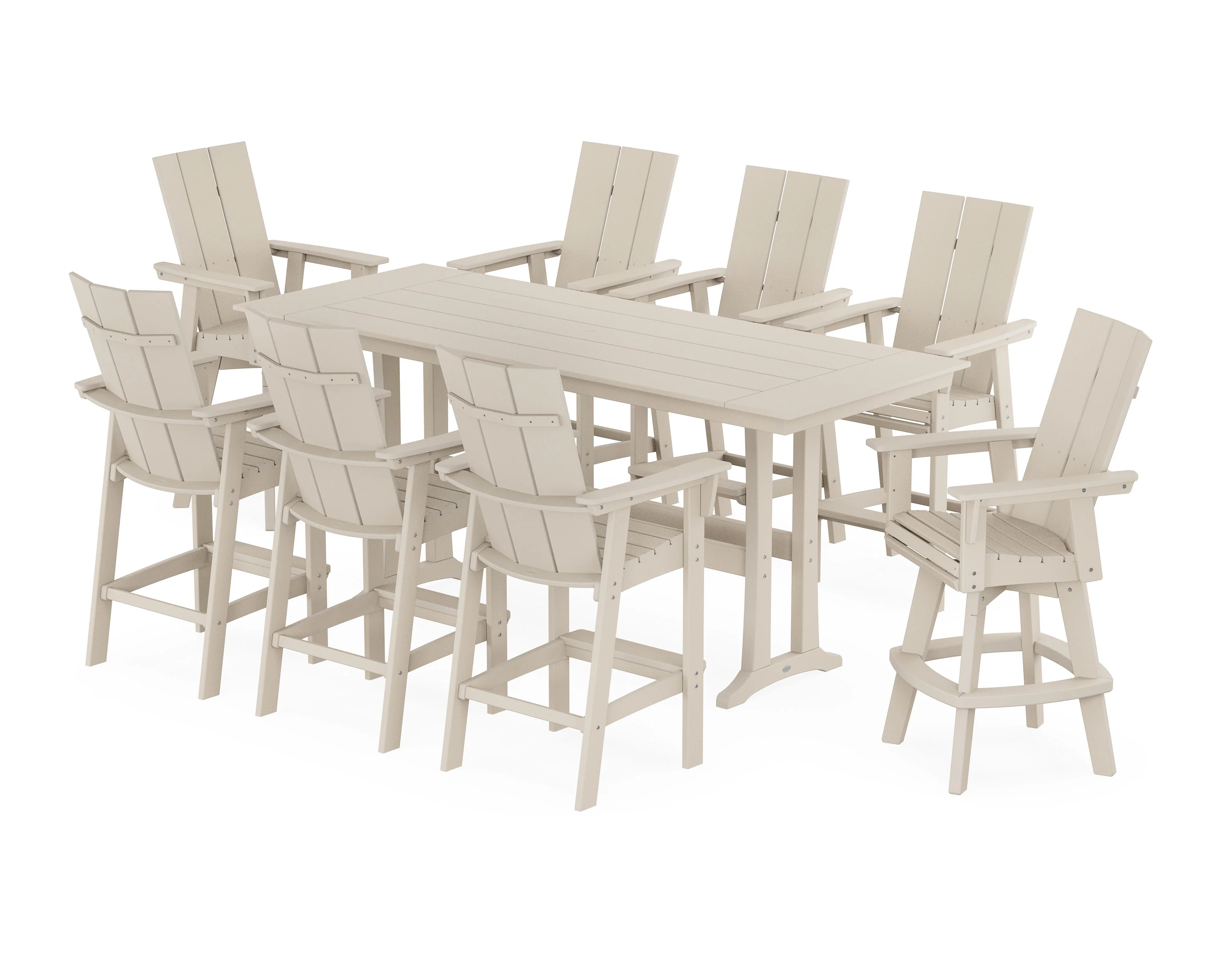 Modern Curveback Adirondack Swivel 9-Piece Farmhouse Bar Set with Trestle Legs - Image 6
