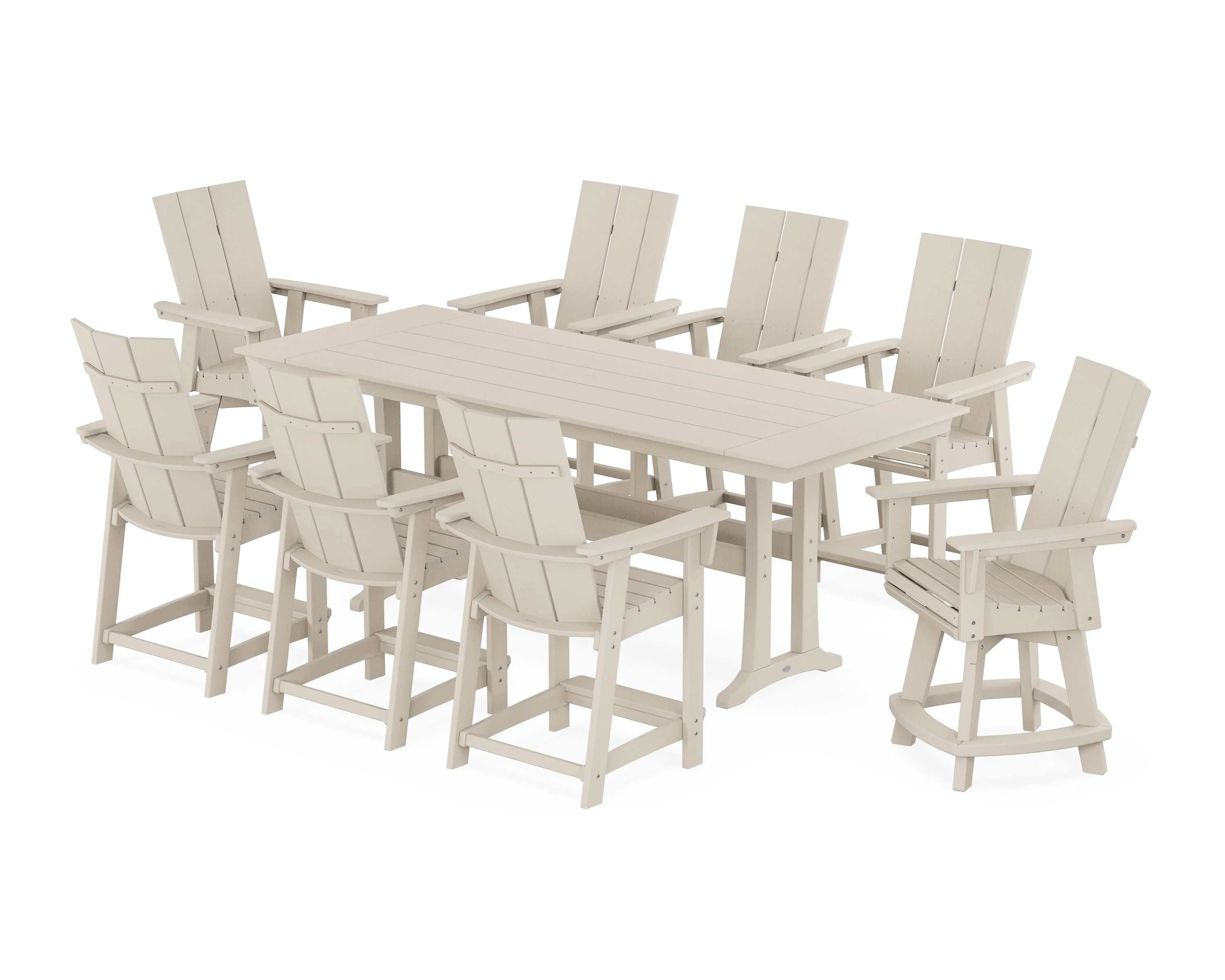 Modern Curveback Adirondack Swivel 9-Piece Farmhouse Counter Set with Trestle Legs - Image 11