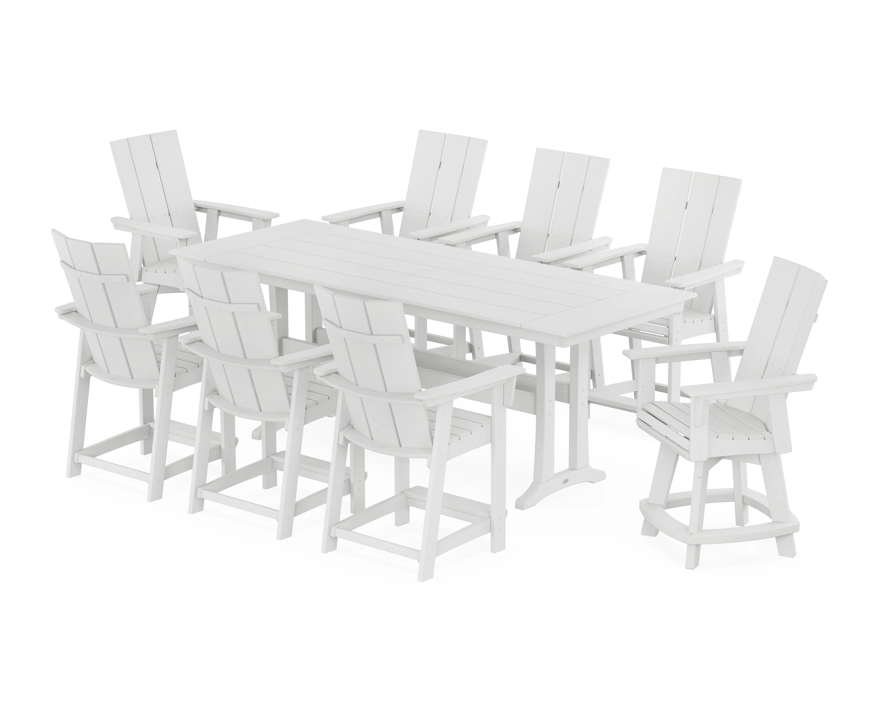 Modern Curveback Adirondack Swivel 9-Piece Farmhouse Counter Set with Trestle Legs - Image 8
