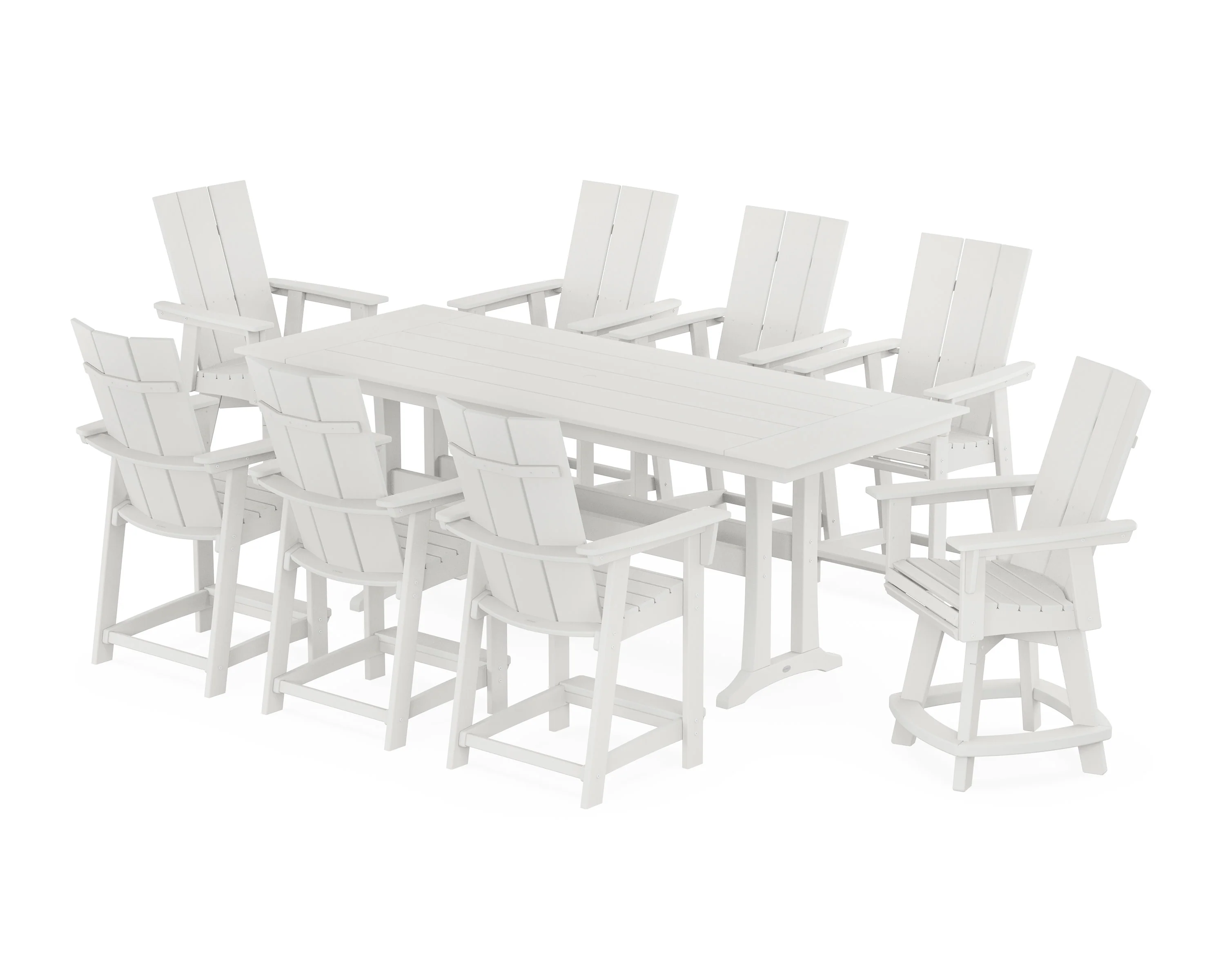 Modern Curveback Adirondack Swivel 9-Piece Farmhouse Counter Set with Trestle Legs - Image 9