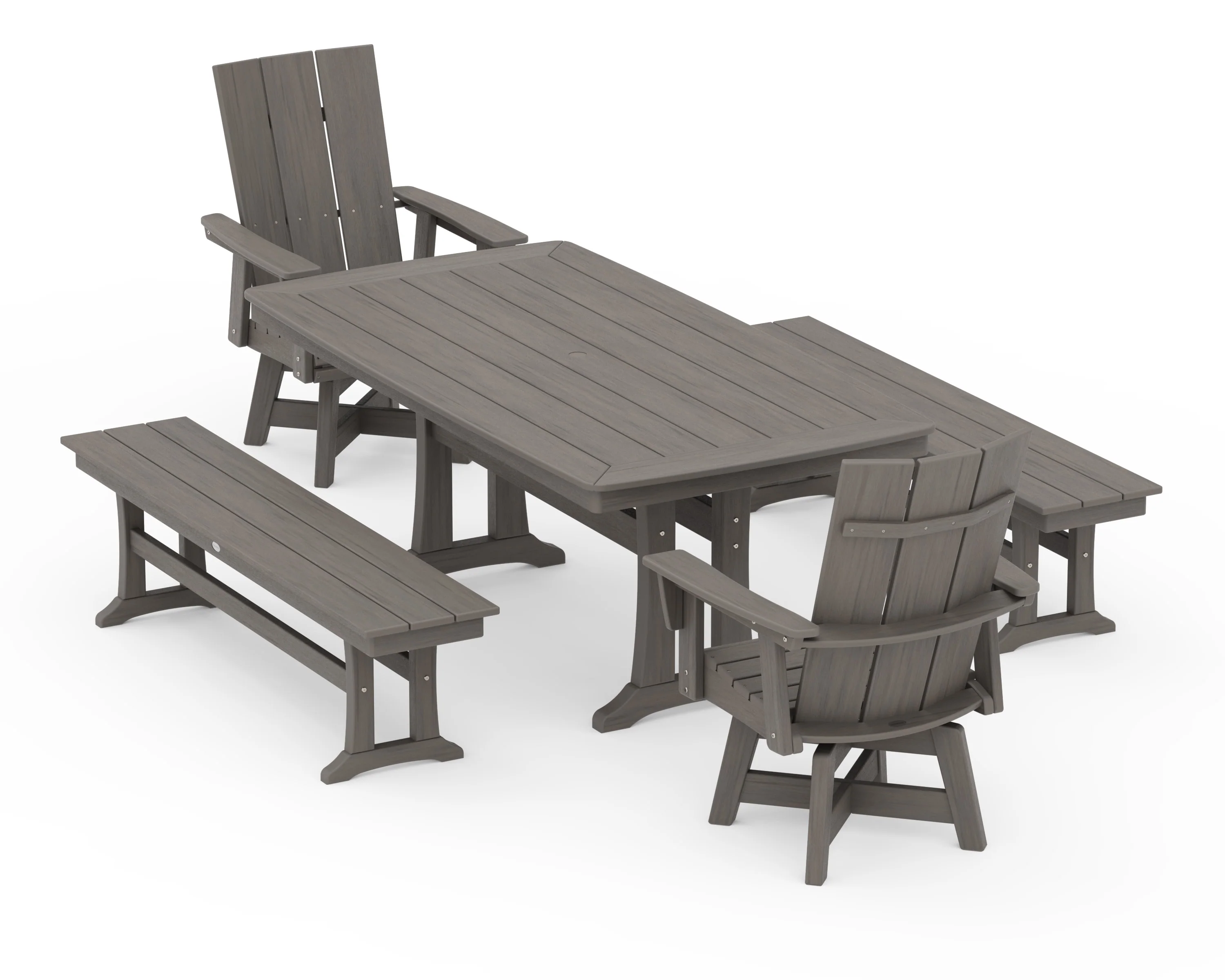 Modern Curveback Adirondack Swivel Chair 5-Piece Dining Set with Trestle Legs and Benches - Image 13