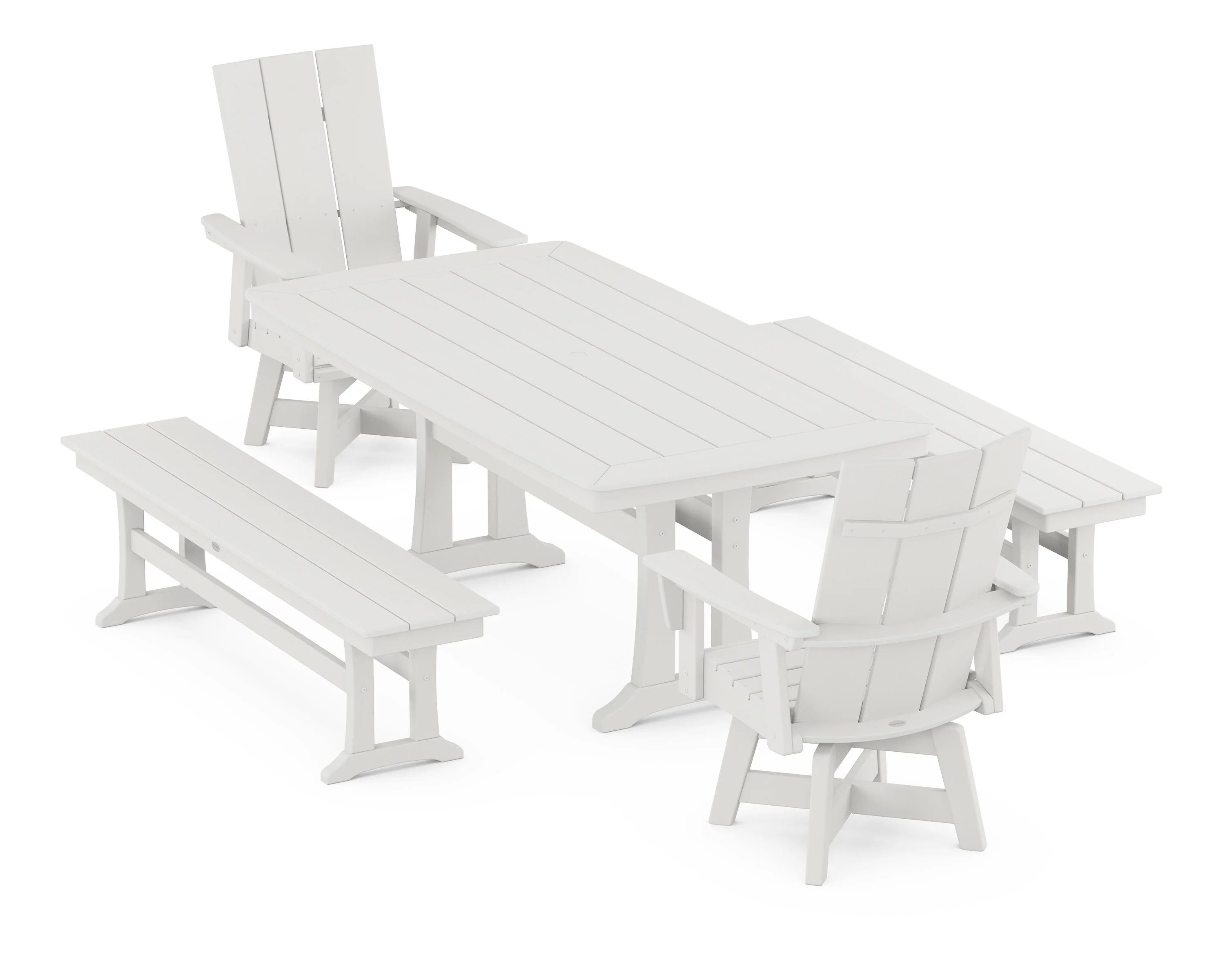 Modern Curveback Adirondack Swivel Chair 5-Piece Dining Set with Trestle Legs and Benches - Image 6