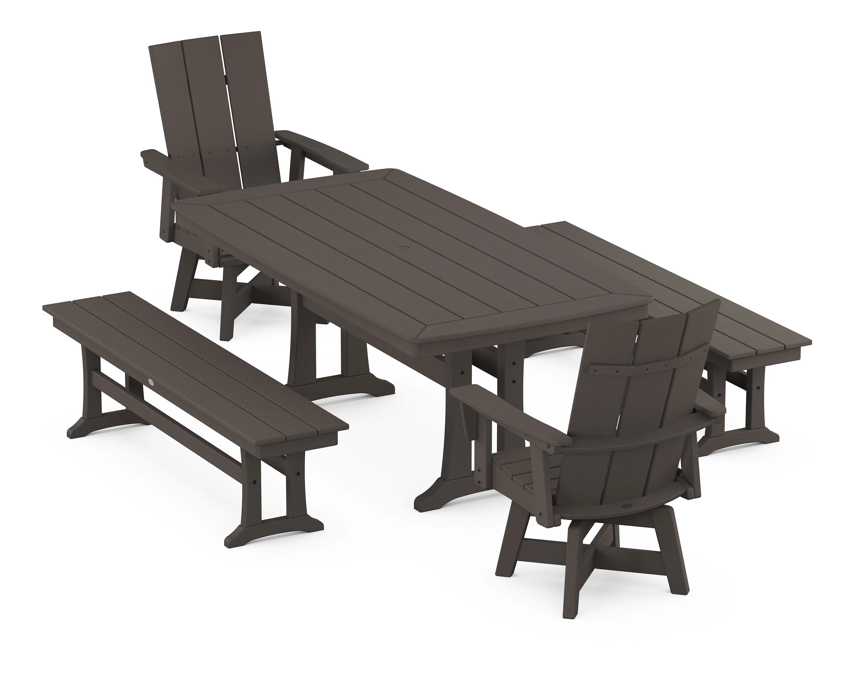 Modern Curveback Adirondack Swivel Chair 5-Piece Dining Set with Trestle Legs and Benches - Image 9