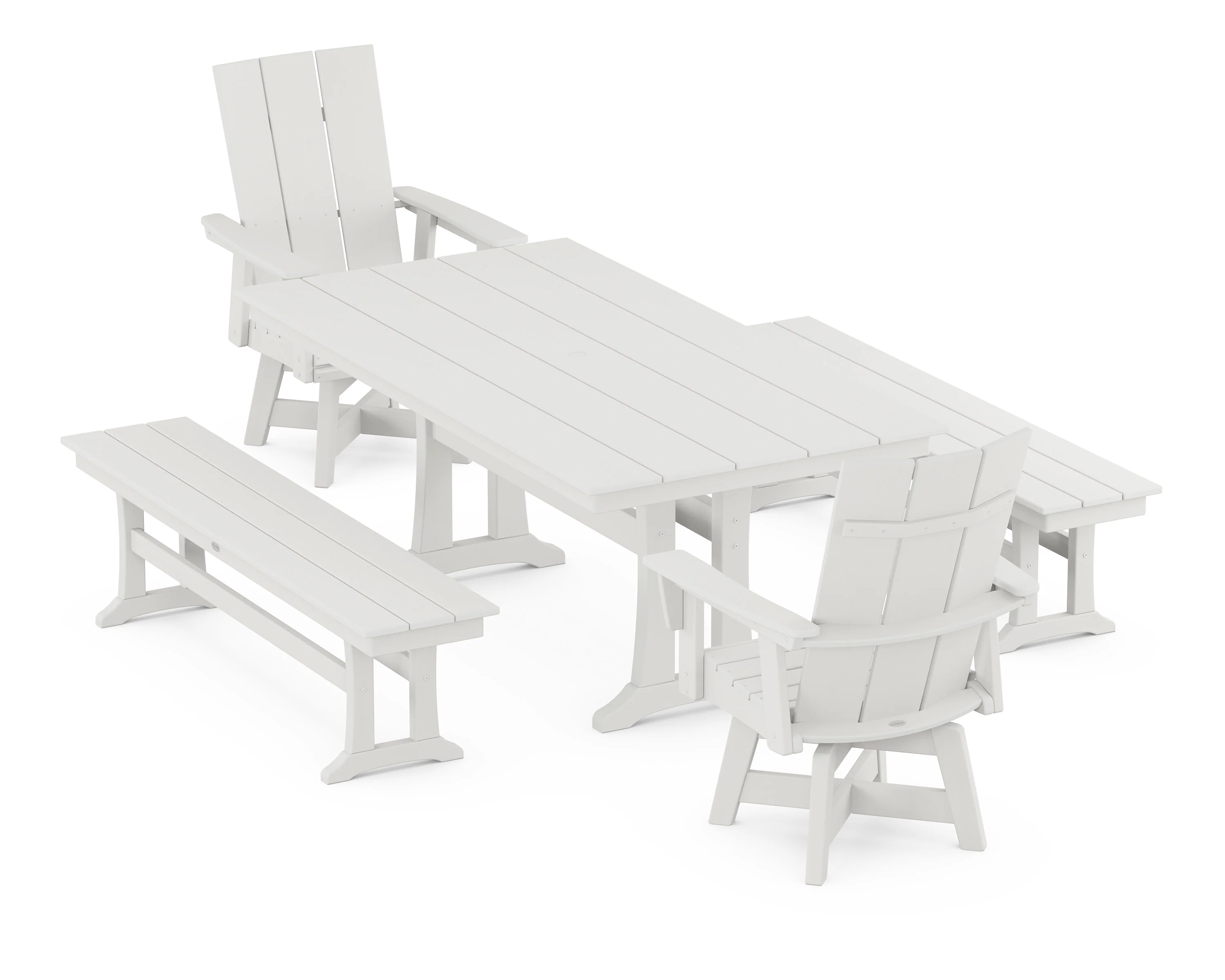 Modern Curveback Adirondack Swivel Chair 5-Piece Farmhouse Dining Set With Trestle Legs and Benches - Image 10