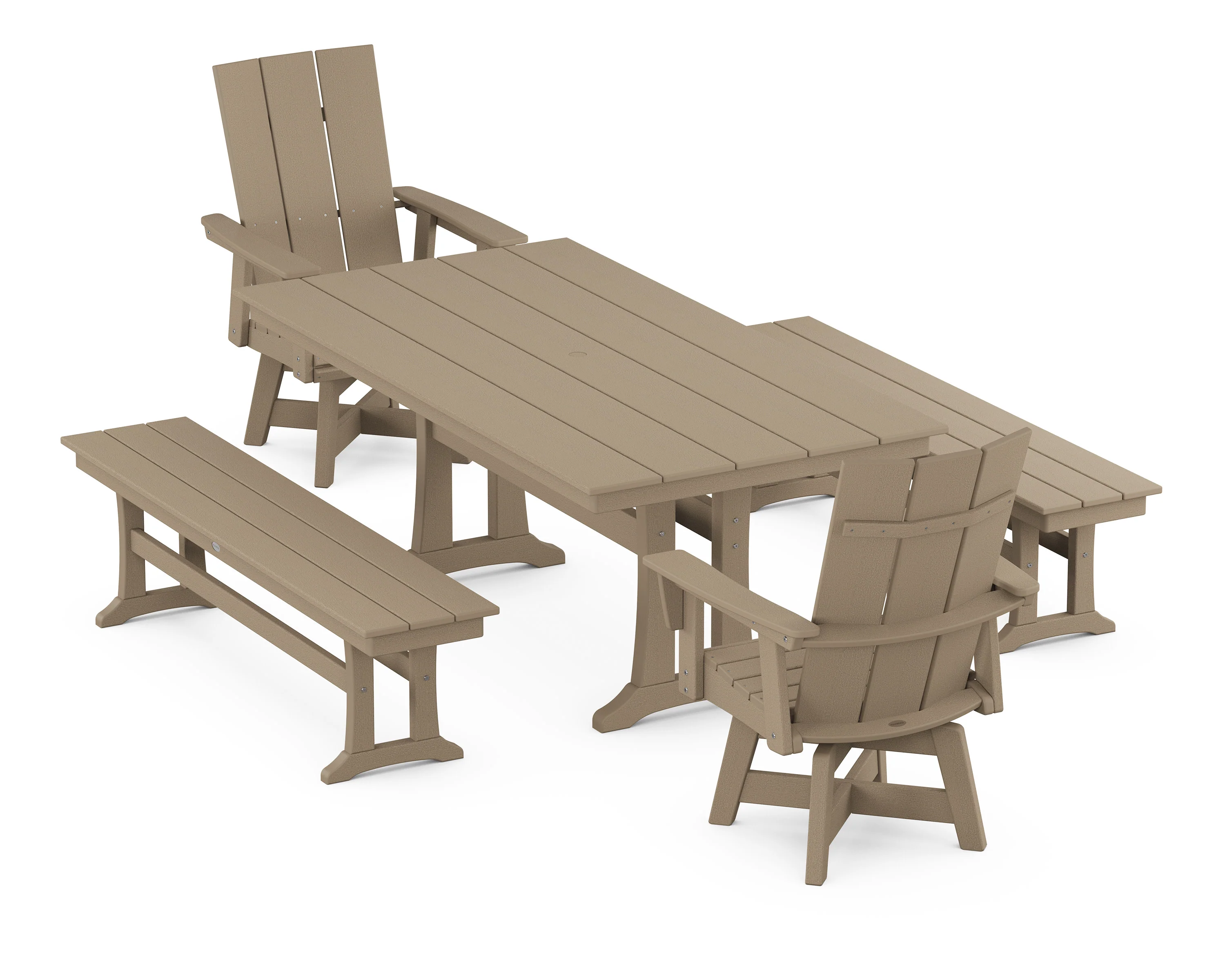 Modern Curveback Adirondack Swivel Chair 5-Piece Farmhouse Dining Set With Trestle Legs and Benches - Image 12
