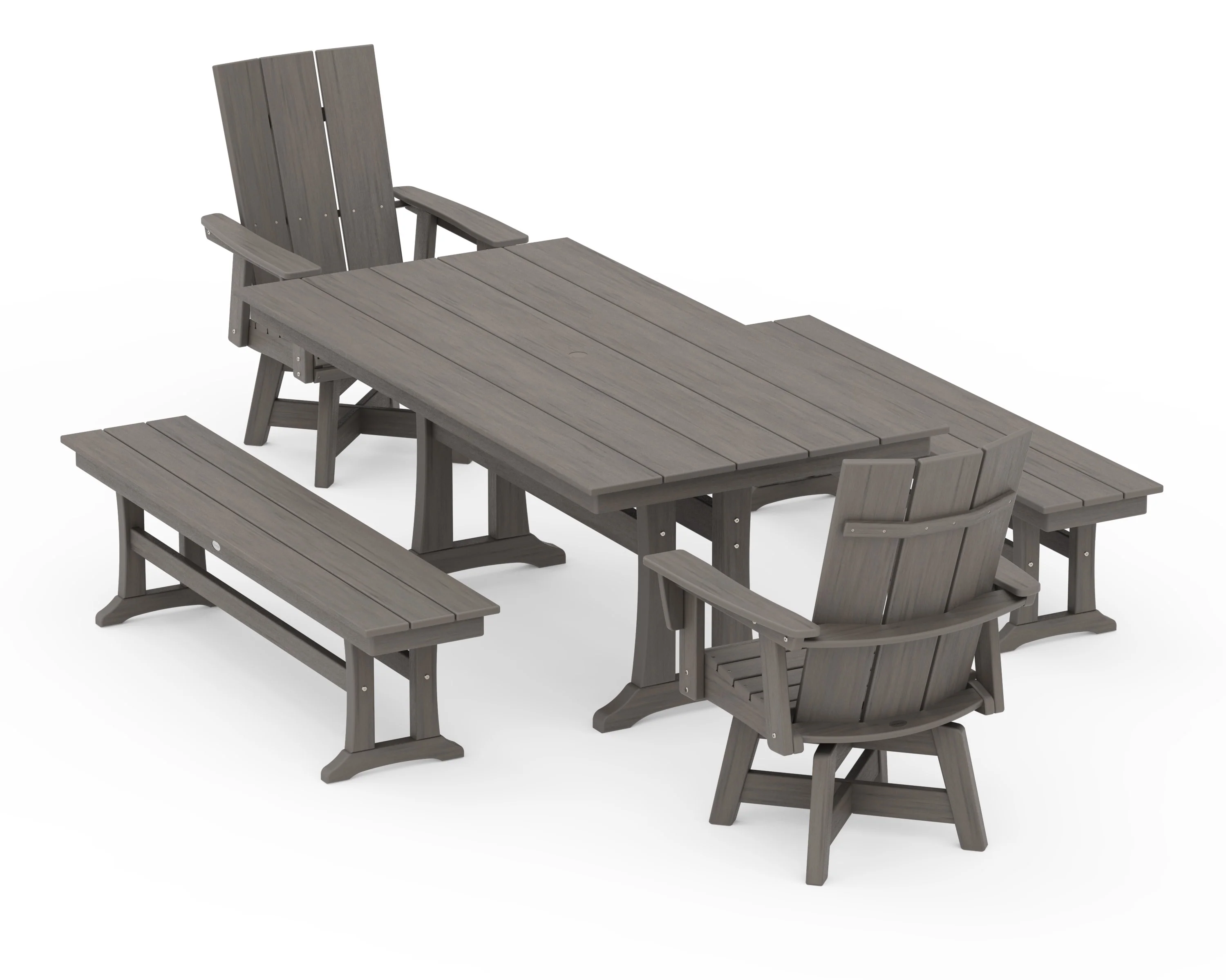 Modern Curveback Adirondack Swivel Chair 5-Piece Farmhouse Dining Set With Trestle Legs and Benches - Image 13