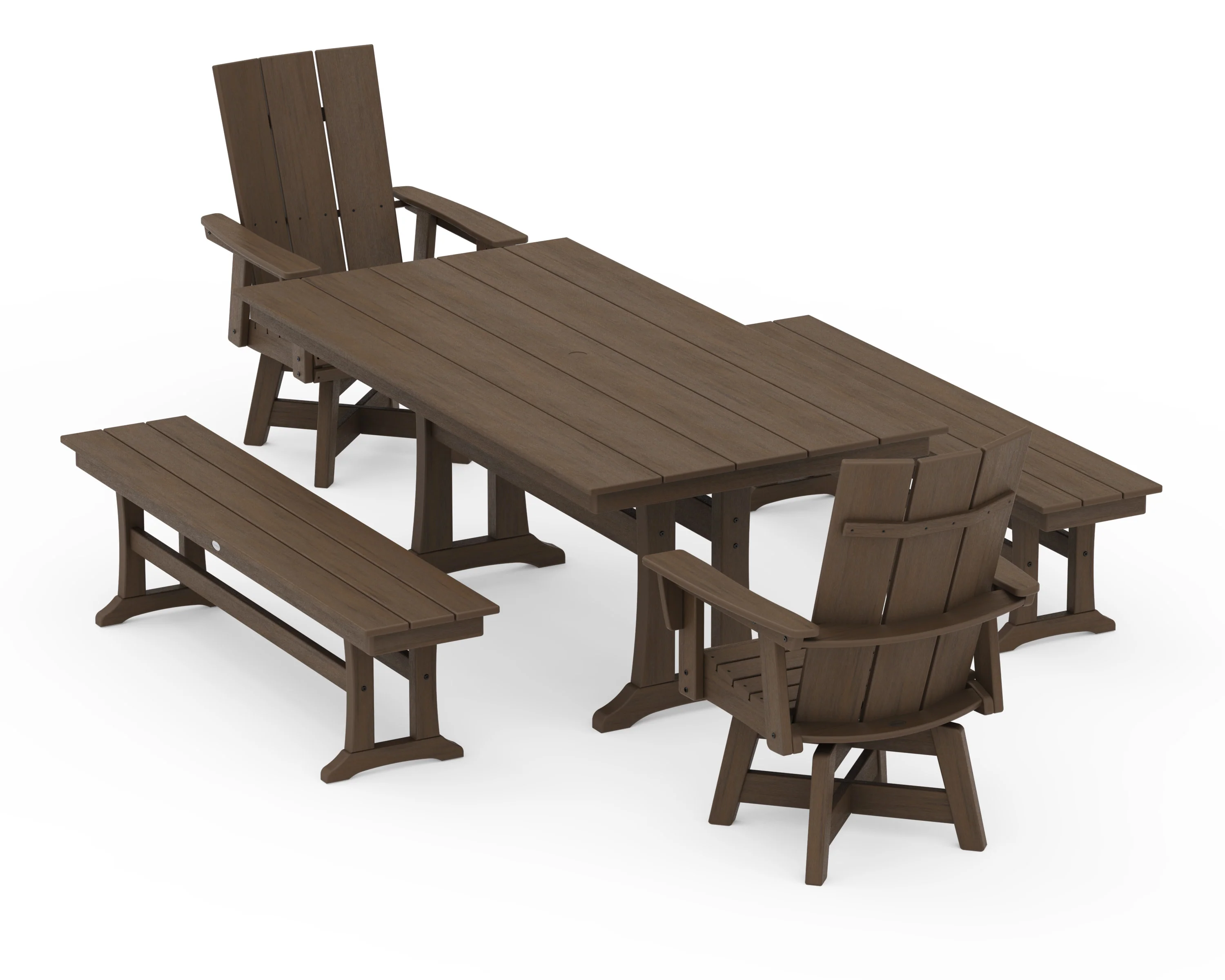 Modern Curveback Adirondack Swivel Chair 5-Piece Farmhouse Dining Set With Trestle Legs and Benches - Image 14