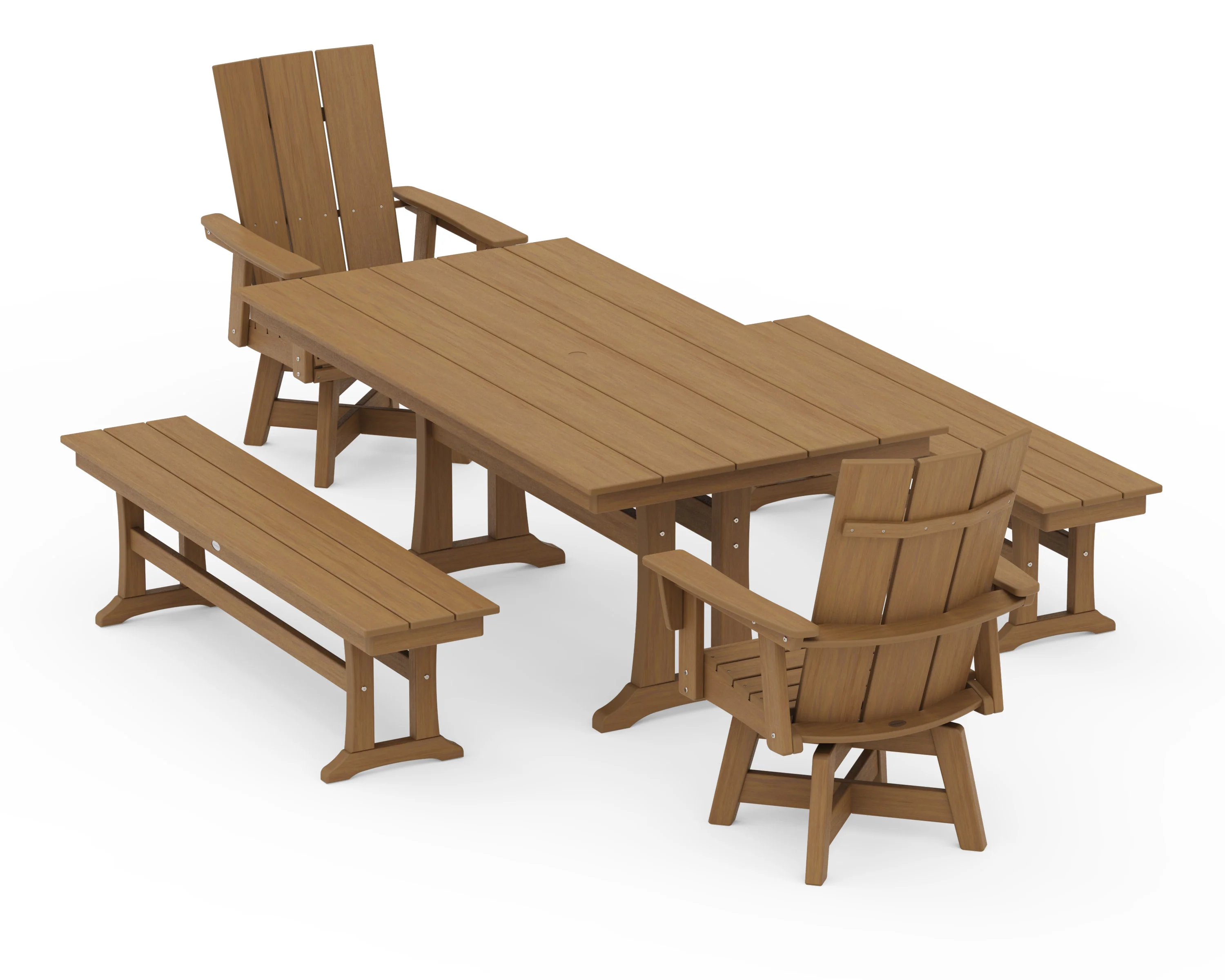 Modern Curveback Adirondack Swivel Chair 5-Piece Farmhouse Dining Set With Trestle Legs and Benches - Image 15