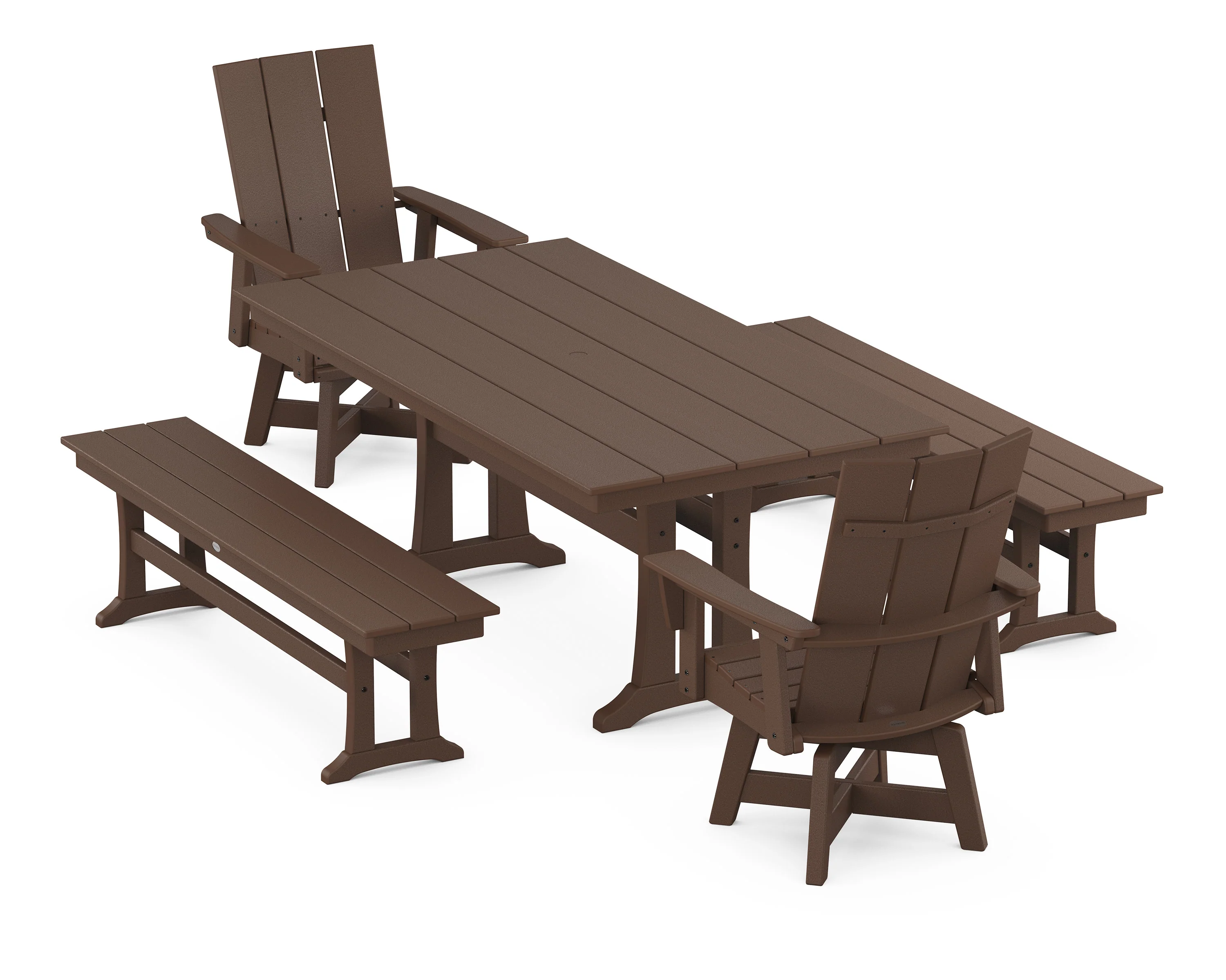 Modern Curveback Adirondack Swivel Chair 5-Piece Farmhouse Dining Set With Trestle Legs and Benches - Image 4