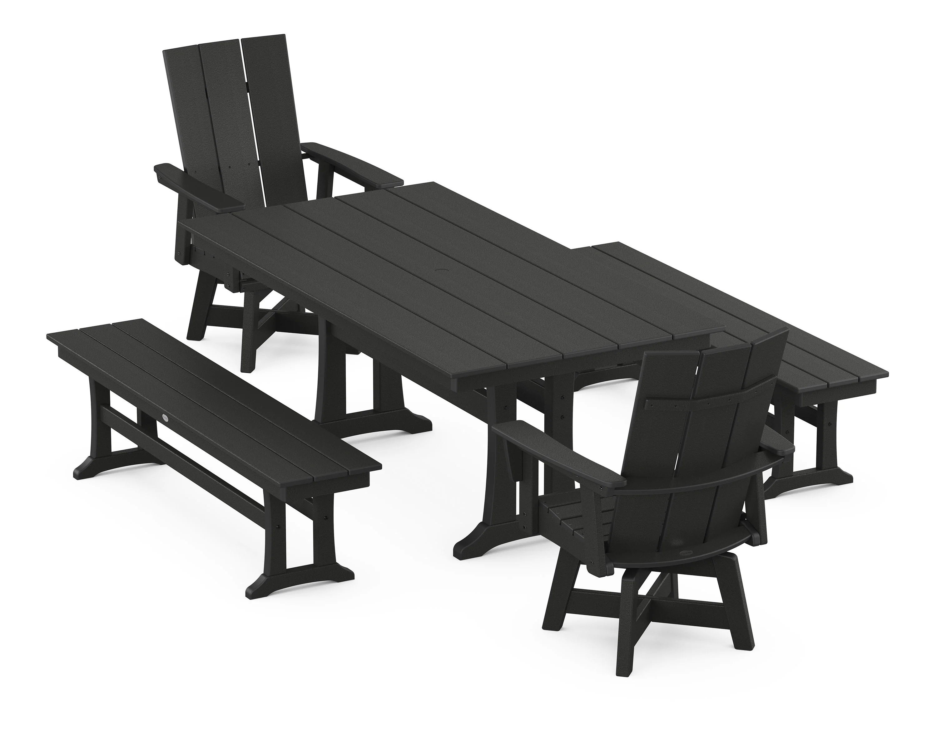 Modern Curveback Adirondack Swivel Chair 5-Piece Farmhouse Dining Set With Trestle Legs and Benches - Image 5