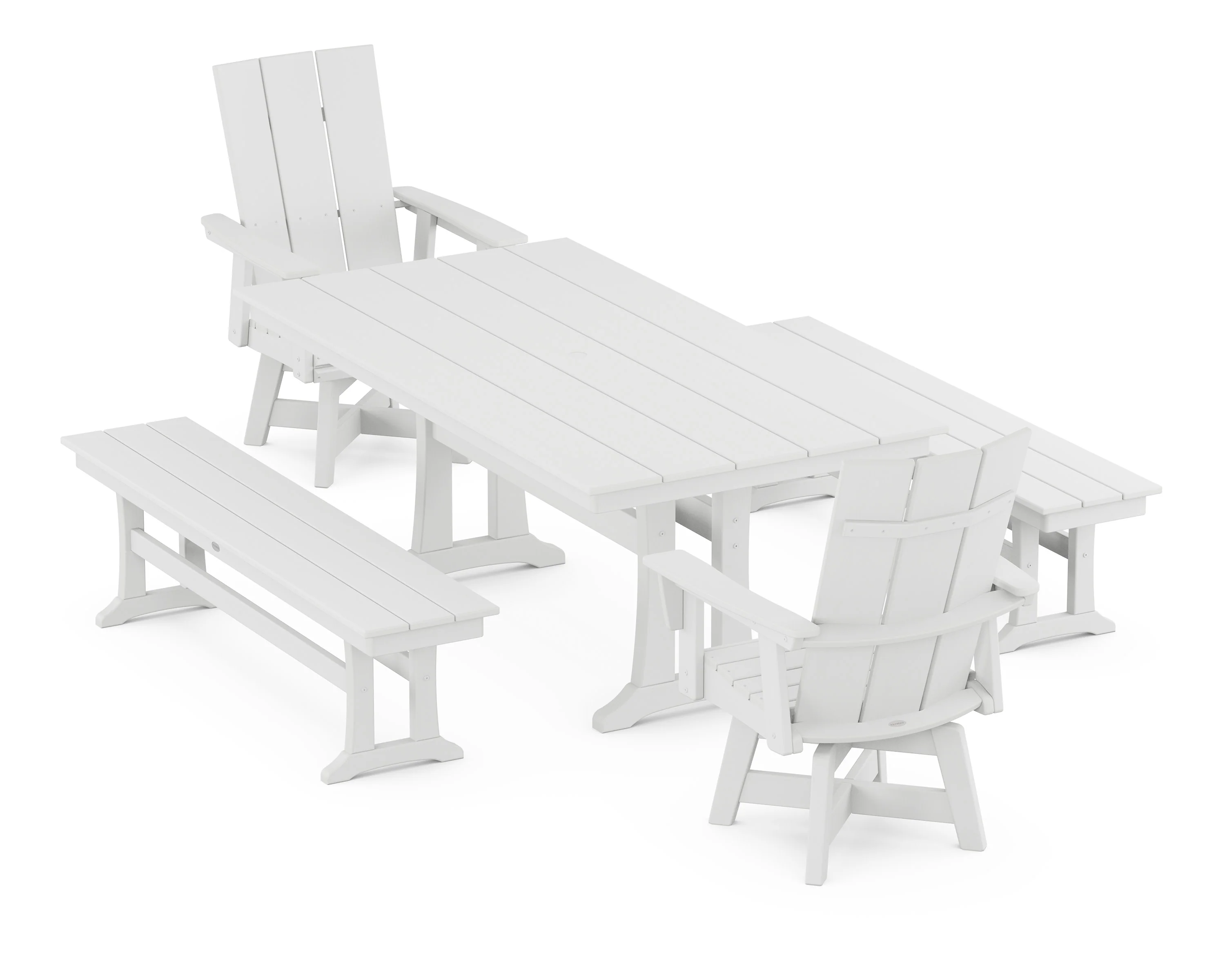Modern Curveback Adirondack Swivel Chair 5-Piece Farmhouse Dining Set With Trestle Legs and Benches - Image 6