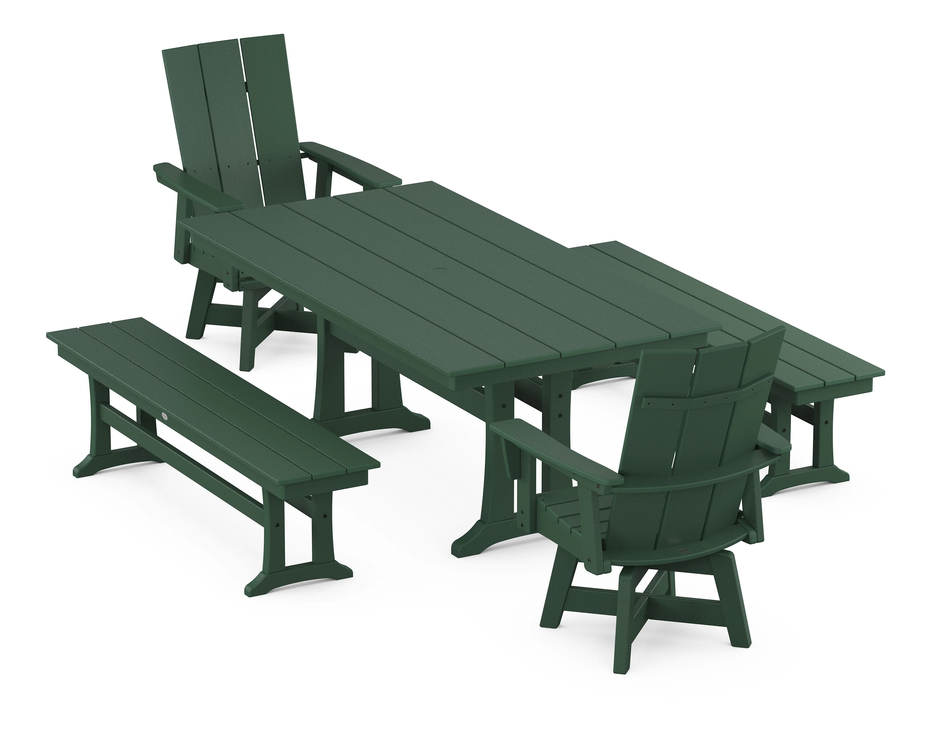 Modern Curveback Adirondack Swivel Chair 5-Piece Farmhouse Dining Set With Trestle Legs and Benches - Image 9