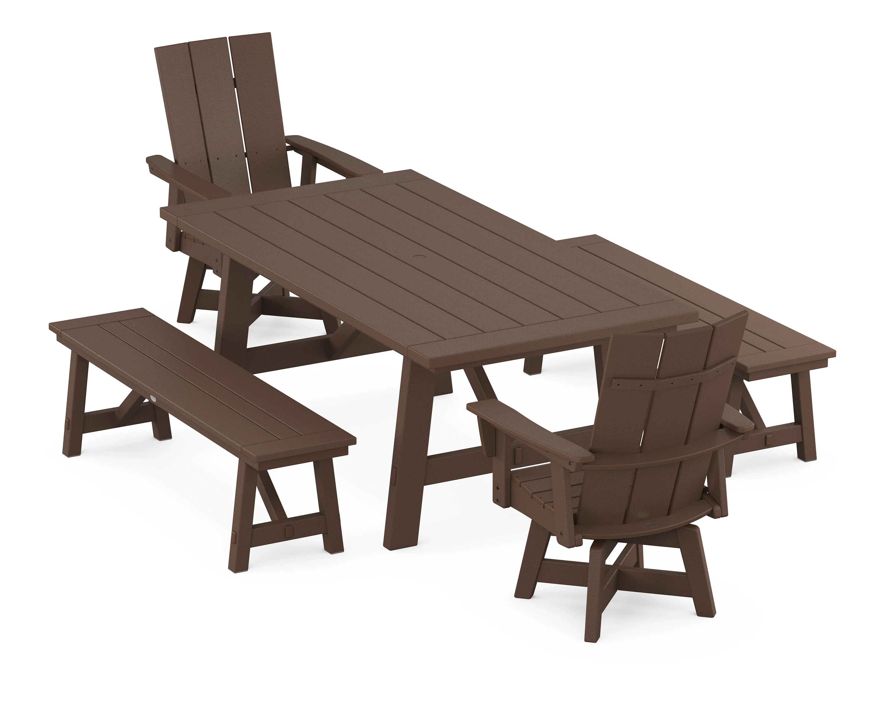 Modern Curveback Adirondack Swivel Chair 5-Piece Rustic Farmhouse Dining Set With Benches - Image 10