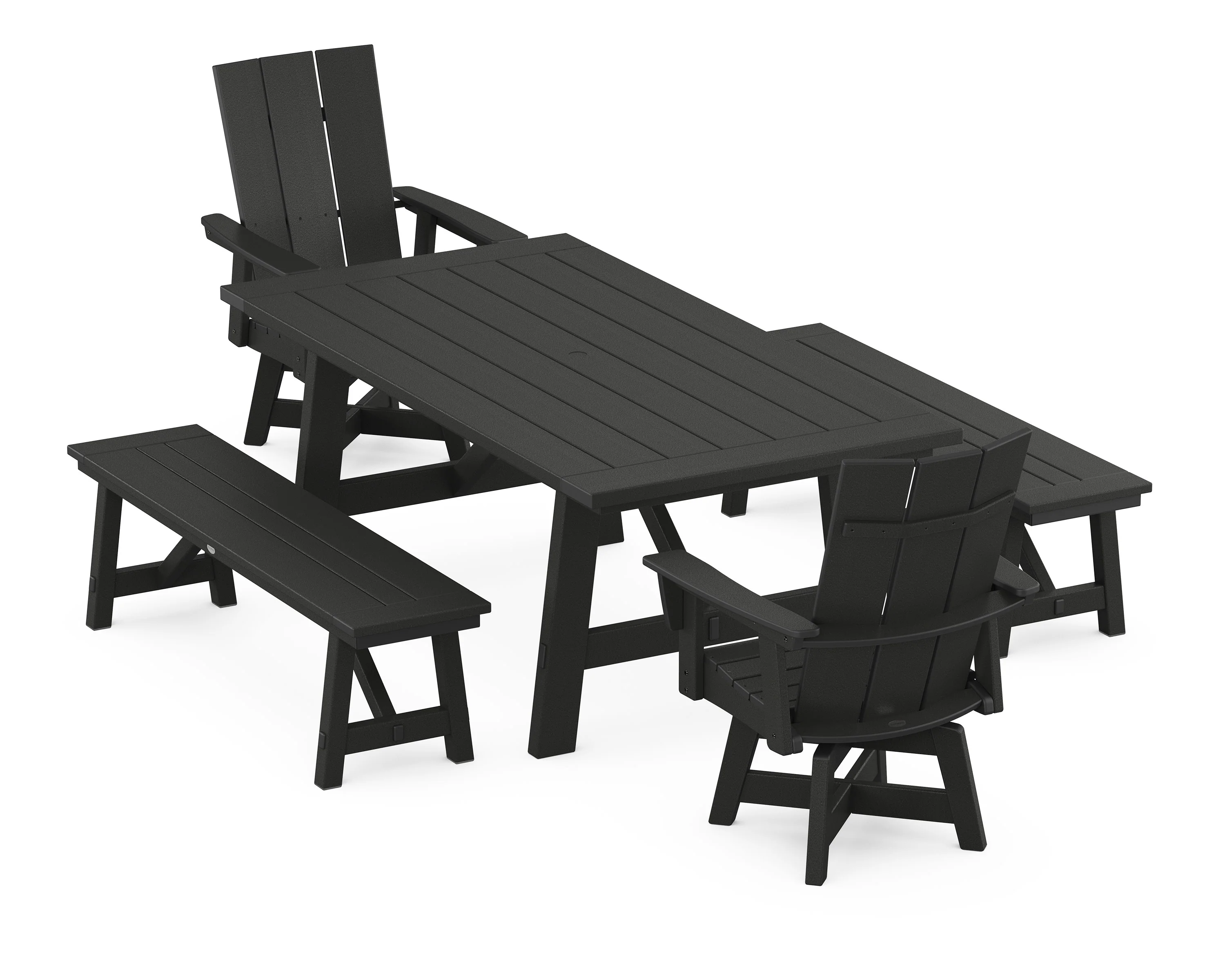 Modern Curveback Adirondack Swivel Chair 5-Piece Rustic Farmhouse Dining Set With Benches - Image 11