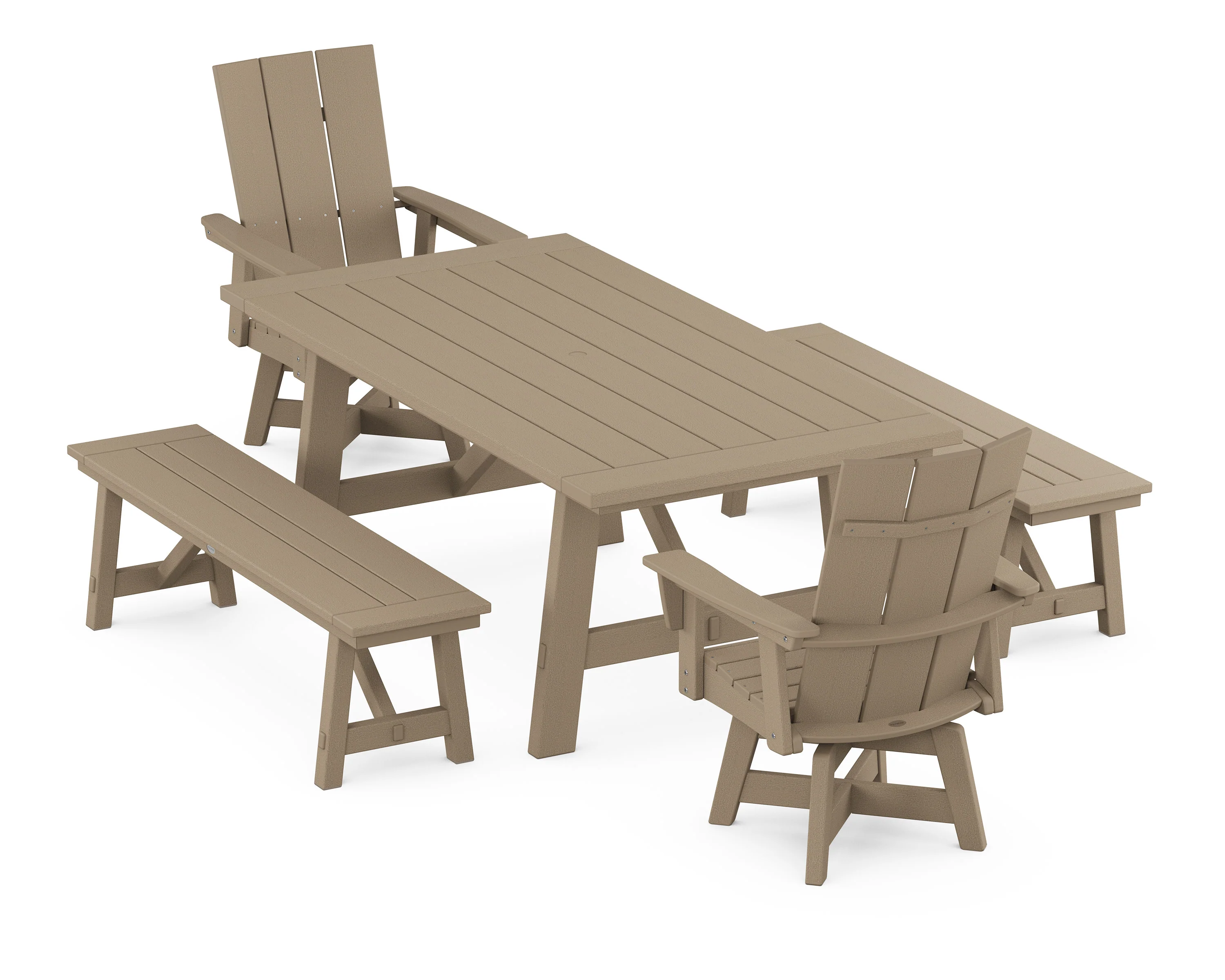 Modern Curveback Adirondack Swivel Chair 5-Piece Rustic Farmhouse Dining Set With Benches - Image 12