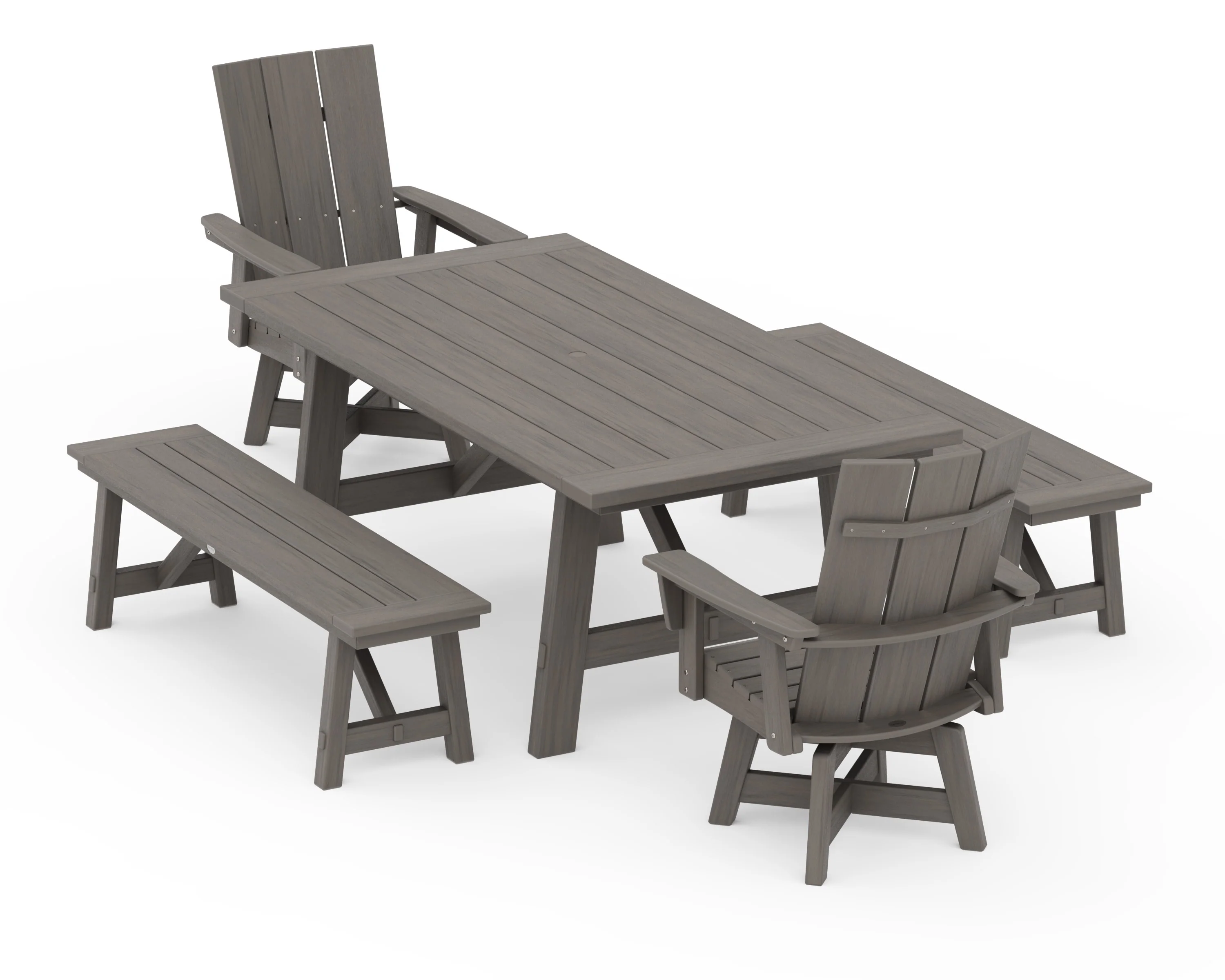 Modern Curveback Adirondack Swivel Chair 5-Piece Rustic Farmhouse Dining Set With Benches - Image 13