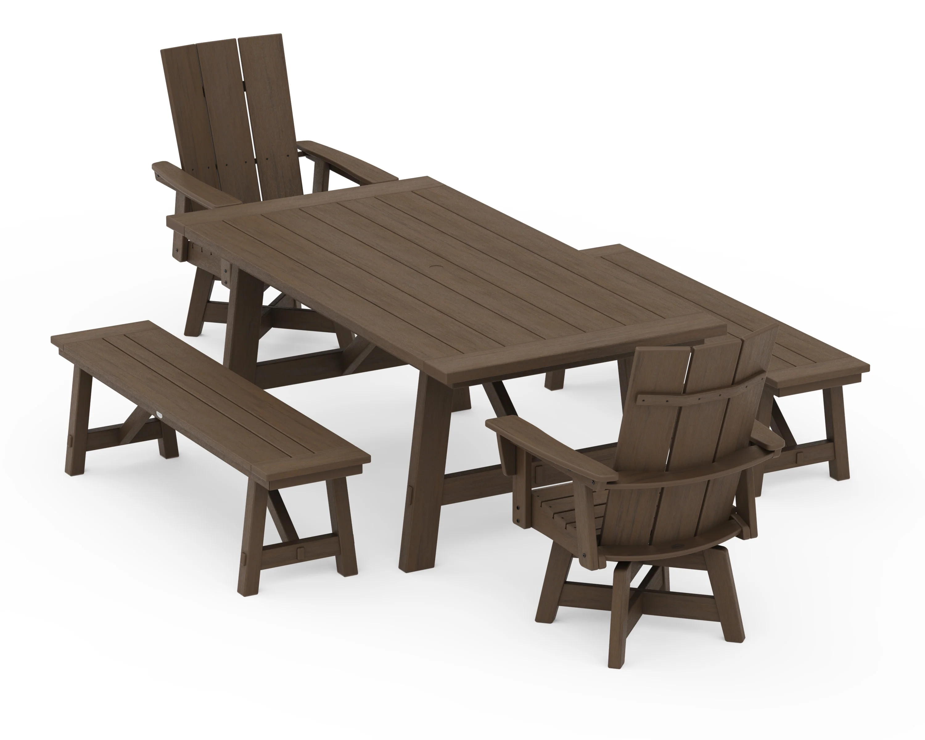 Modern Curveback Adirondack Swivel Chair 5-Piece Rustic Farmhouse Dining Set With Benches - Image 14