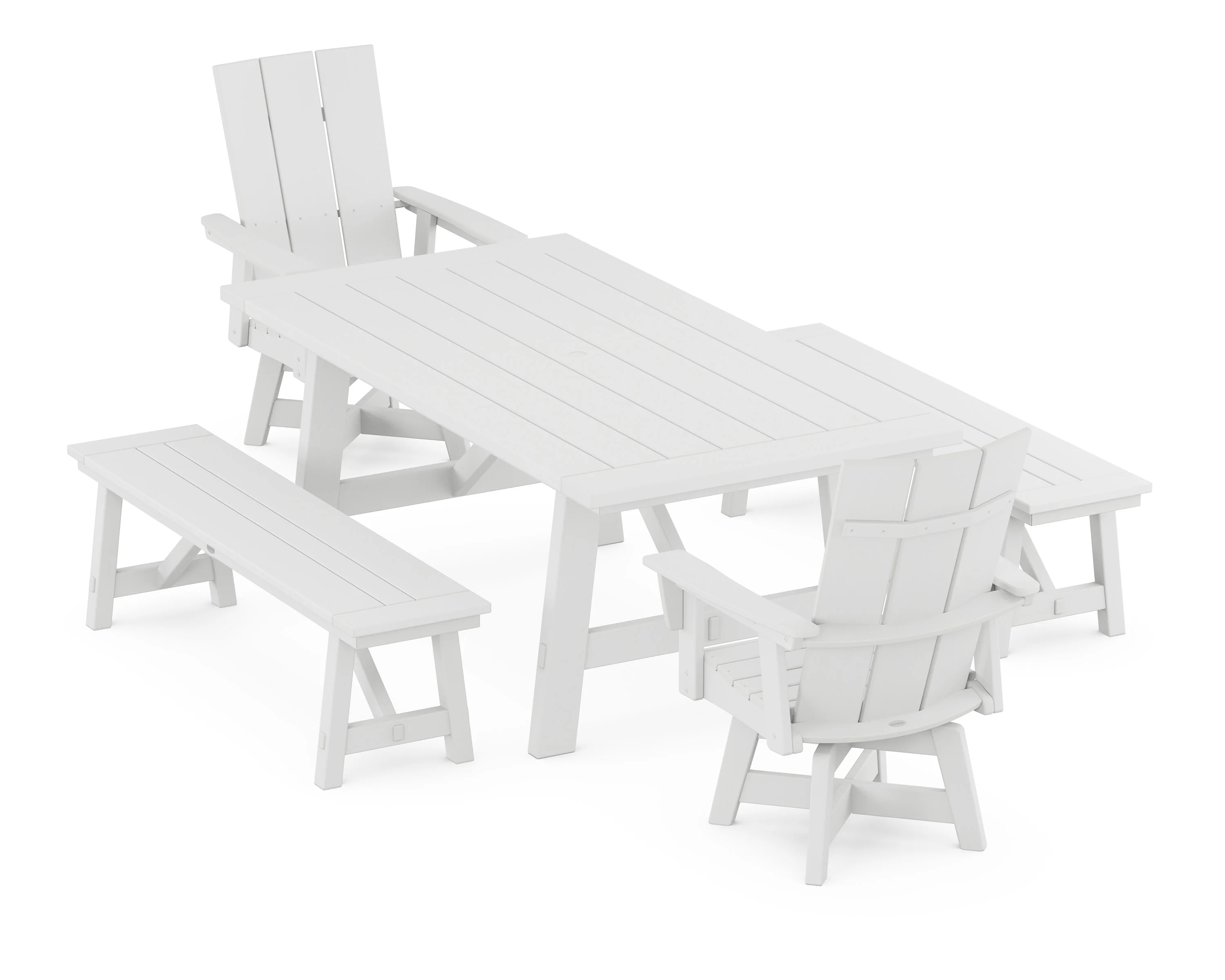 Modern Curveback Adirondack Swivel Chair 5-Piece Rustic Farmhouse Dining Set With Benches - Image 4