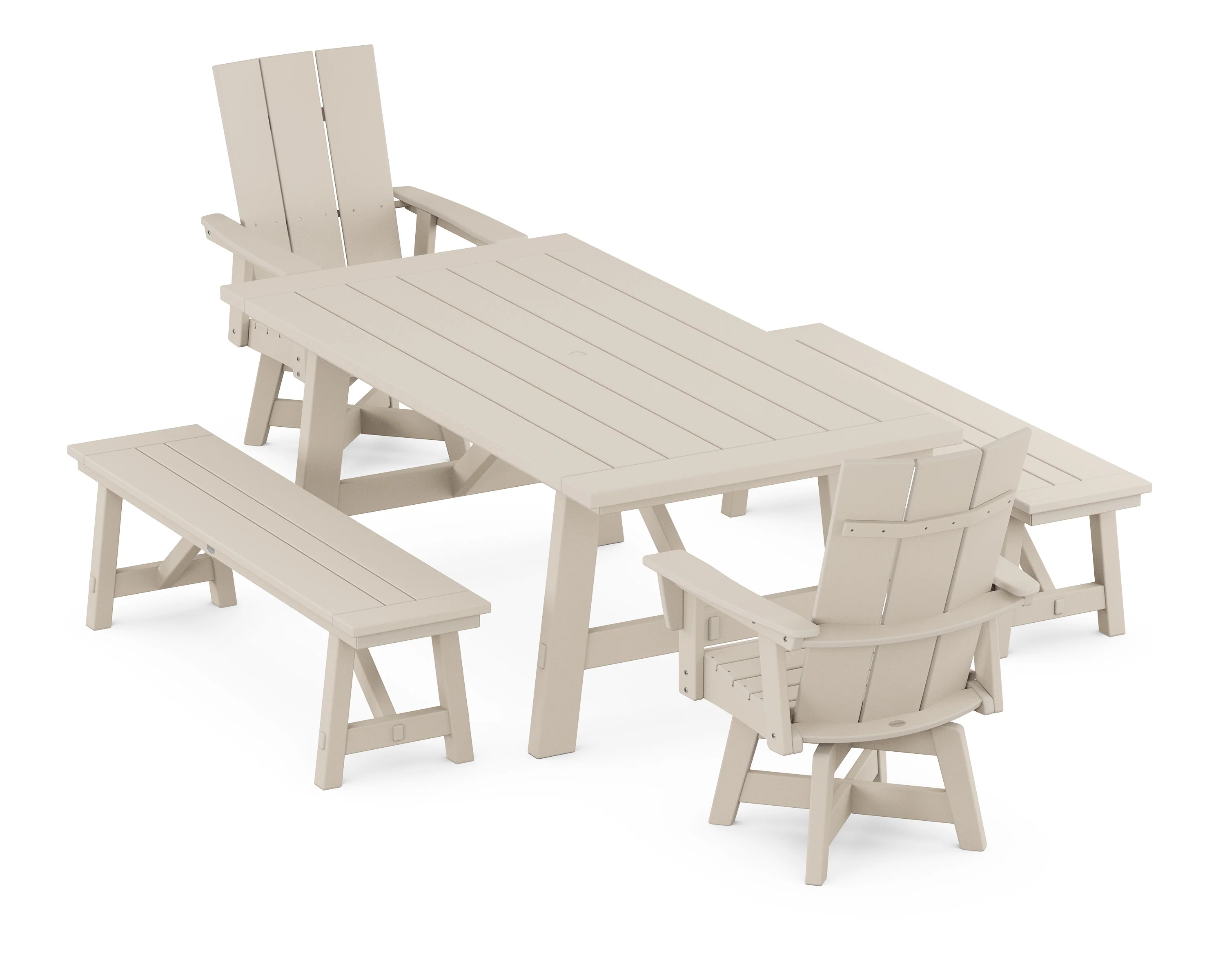 Modern Curveback Adirondack Swivel Chair 5-Piece Rustic Farmhouse Dining Set With Benches - Image 5