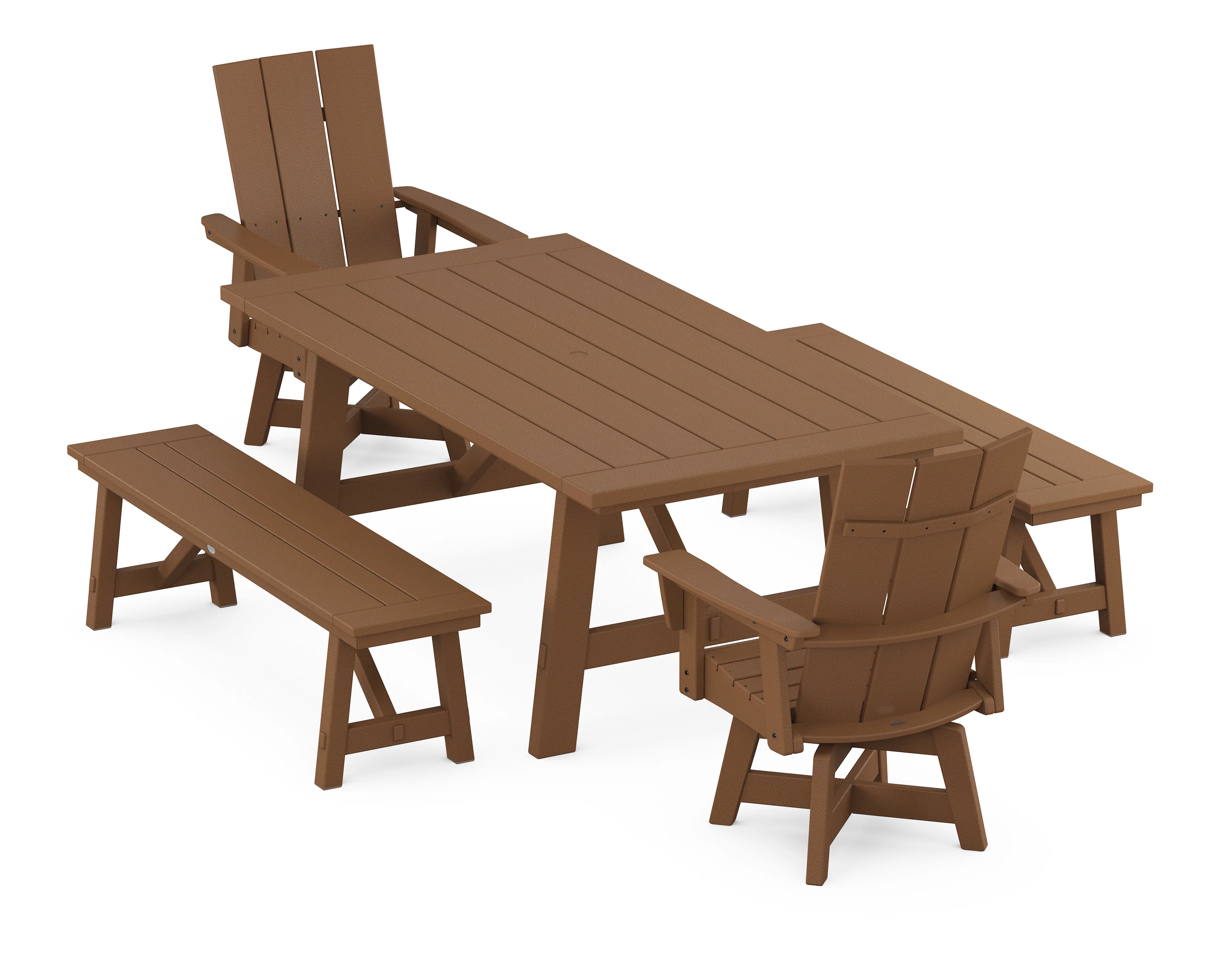 Modern Curveback Adirondack Swivel Chair 5-Piece Rustic Farmhouse Dining Set With Benches - Image 6