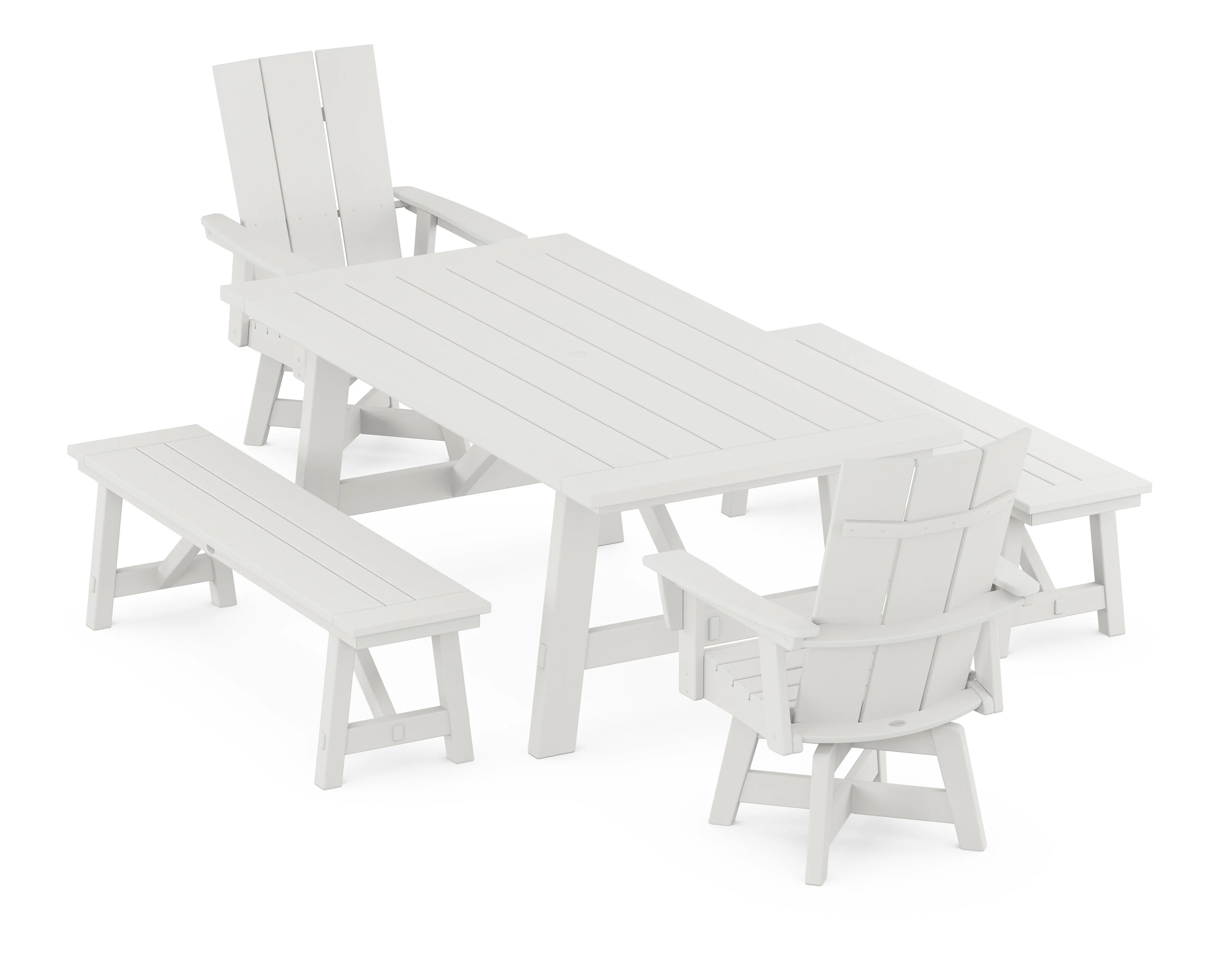 Modern Curveback Adirondack Swivel Chair 5-Piece Rustic Farmhouse Dining Set With Benches - Image 8