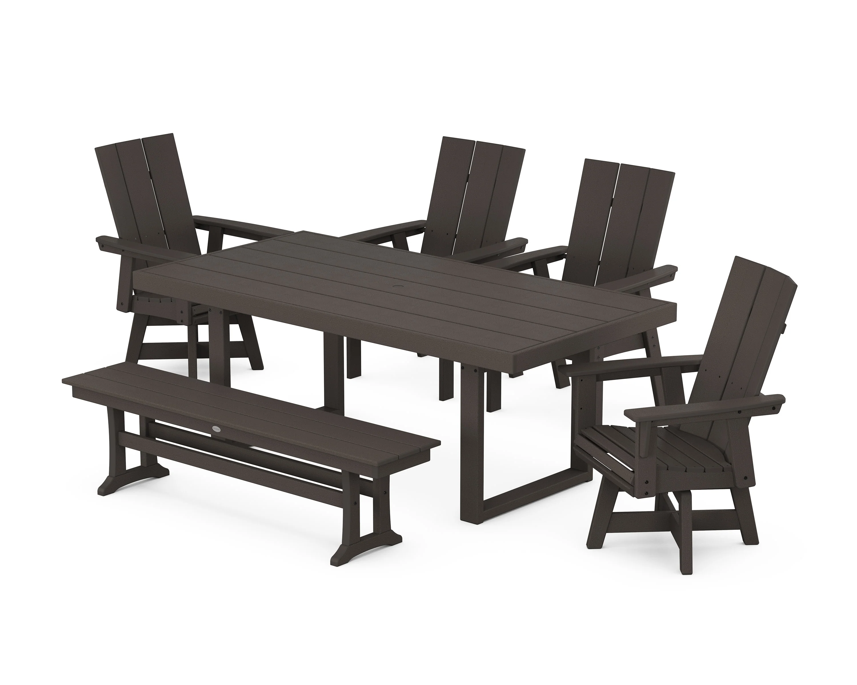 Modern Curveback Adirondack Swivel Chair 6-Piece Dining Set with Bench - Image 11