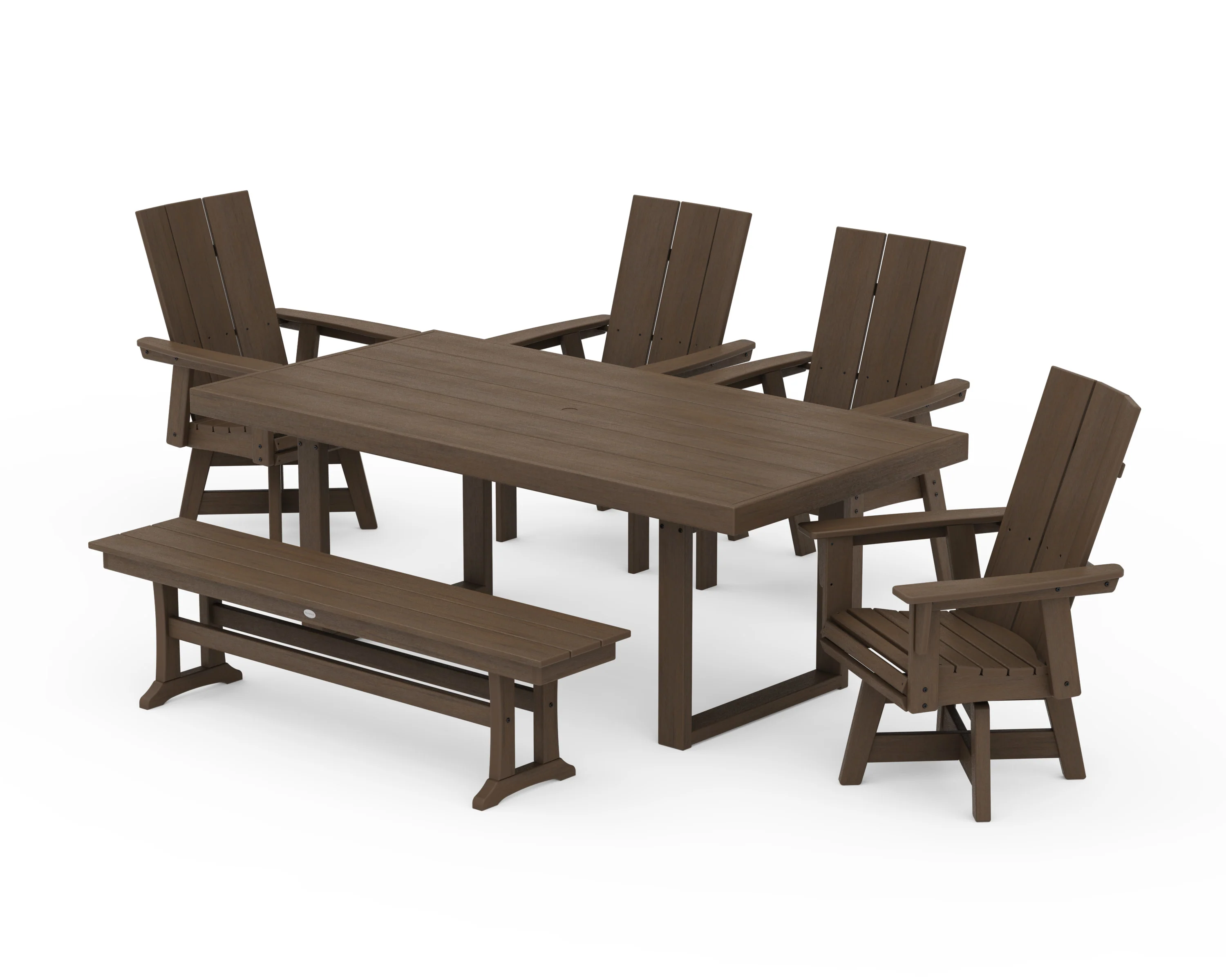 Modern Curveback Adirondack Swivel Chair 6-Piece Dining Set with Bench - Image 14