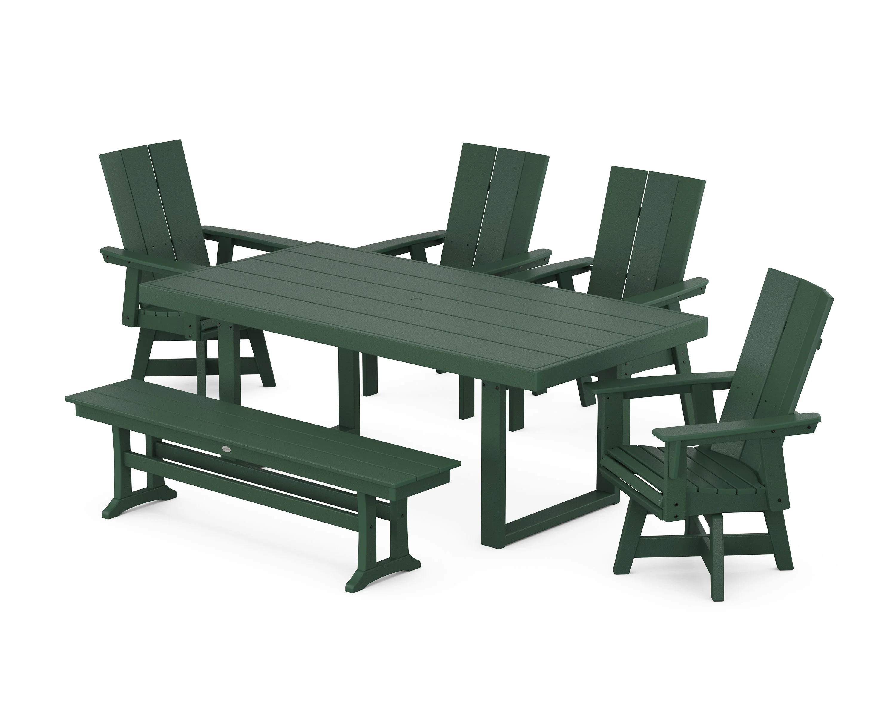 Modern Curveback Adirondack Swivel Chair 6-Piece Dining Set with Bench - Image 8