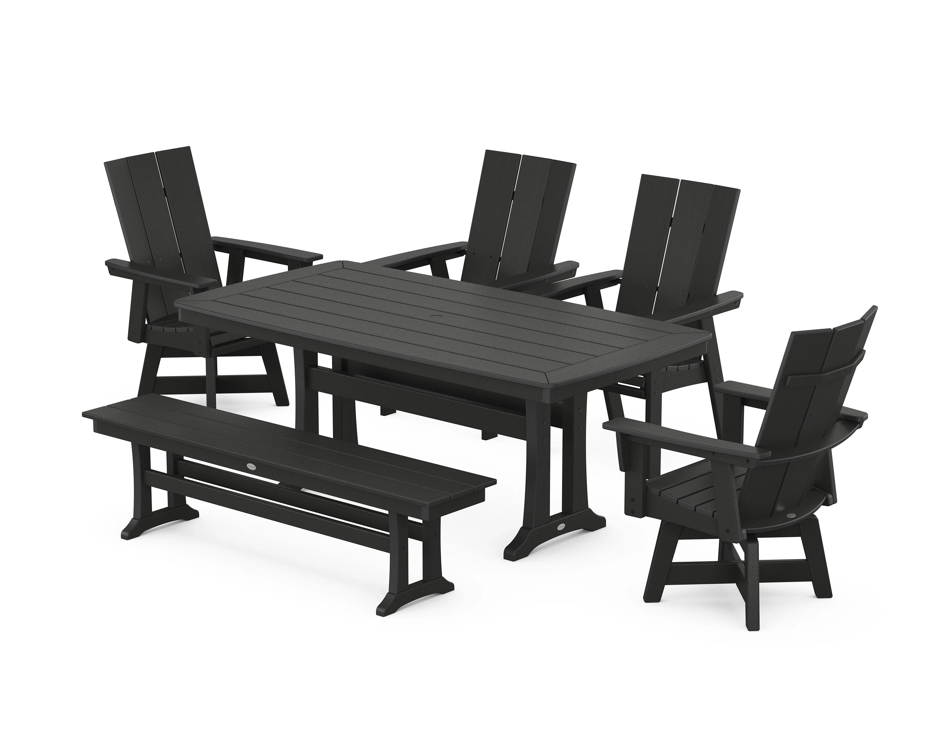 Modern Curveback Adirondack Swivel Chair 6-Piece Dining Set with Trestle Legs and Bench - Image 10