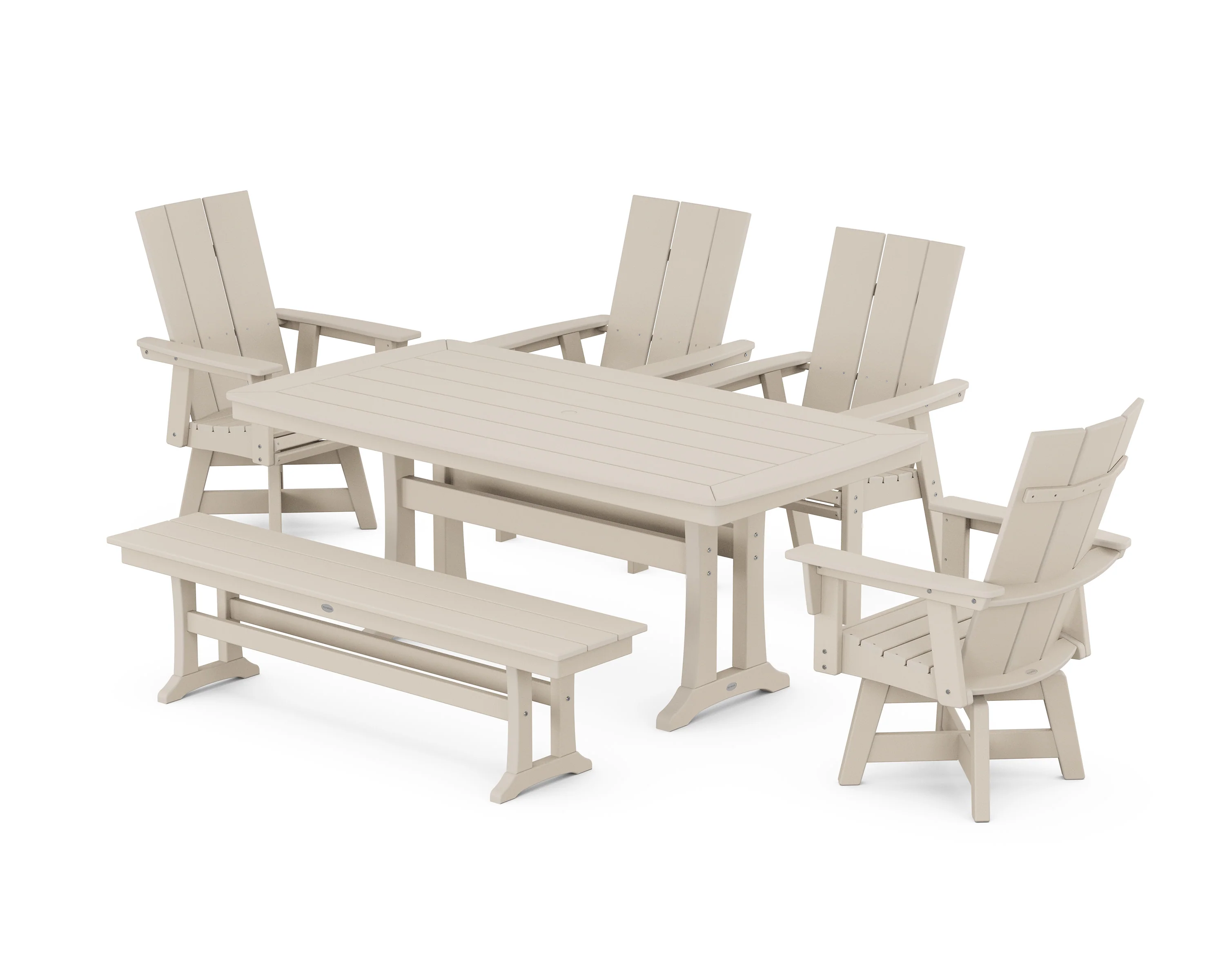 Modern Curveback Adirondack Swivel Chair 6-Piece Dining Set with Trestle Legs and Bench - Image 12