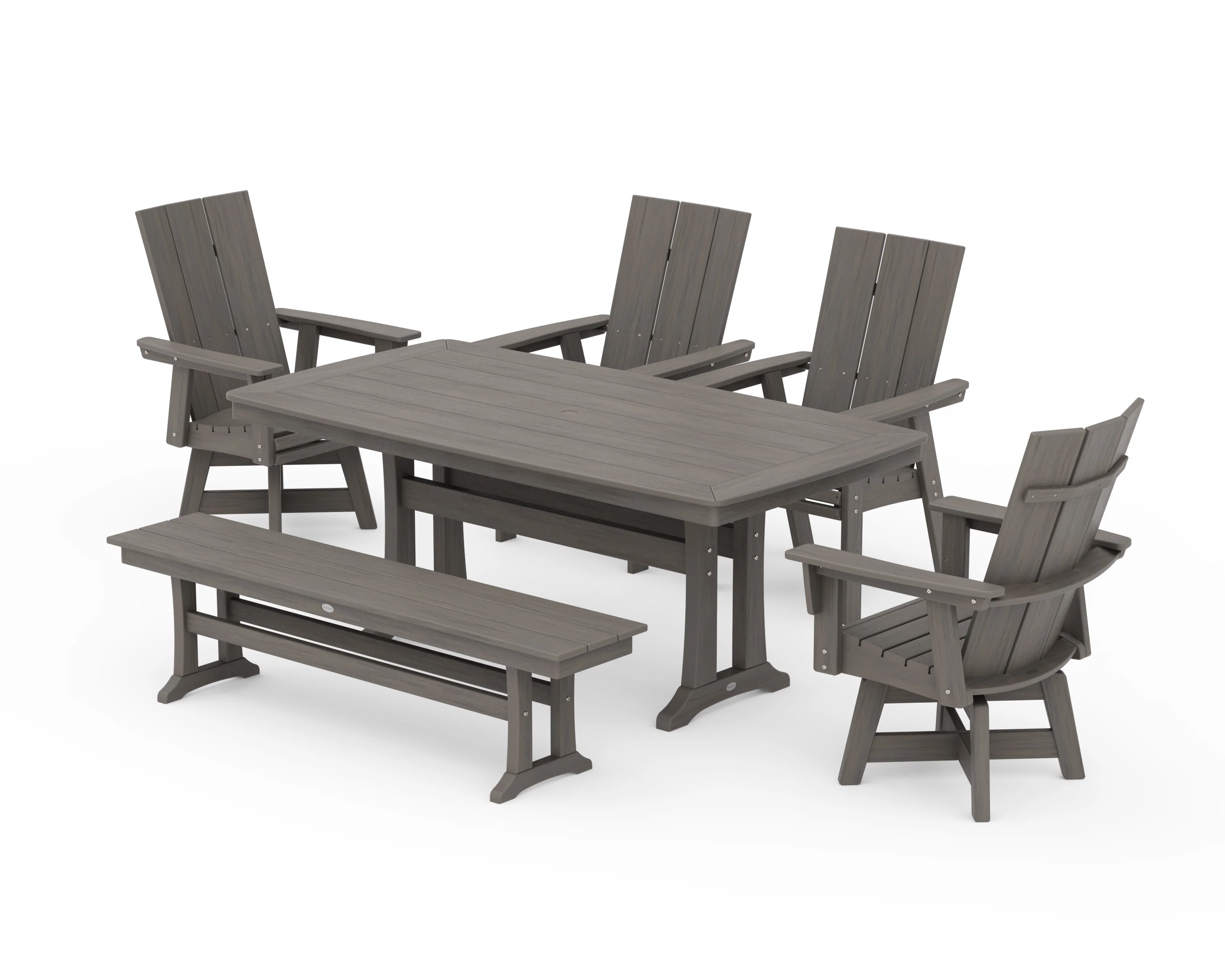 Modern Curveback Adirondack Swivel Chair 6-Piece Dining Set with Trestle Legs and Bench - Image 13