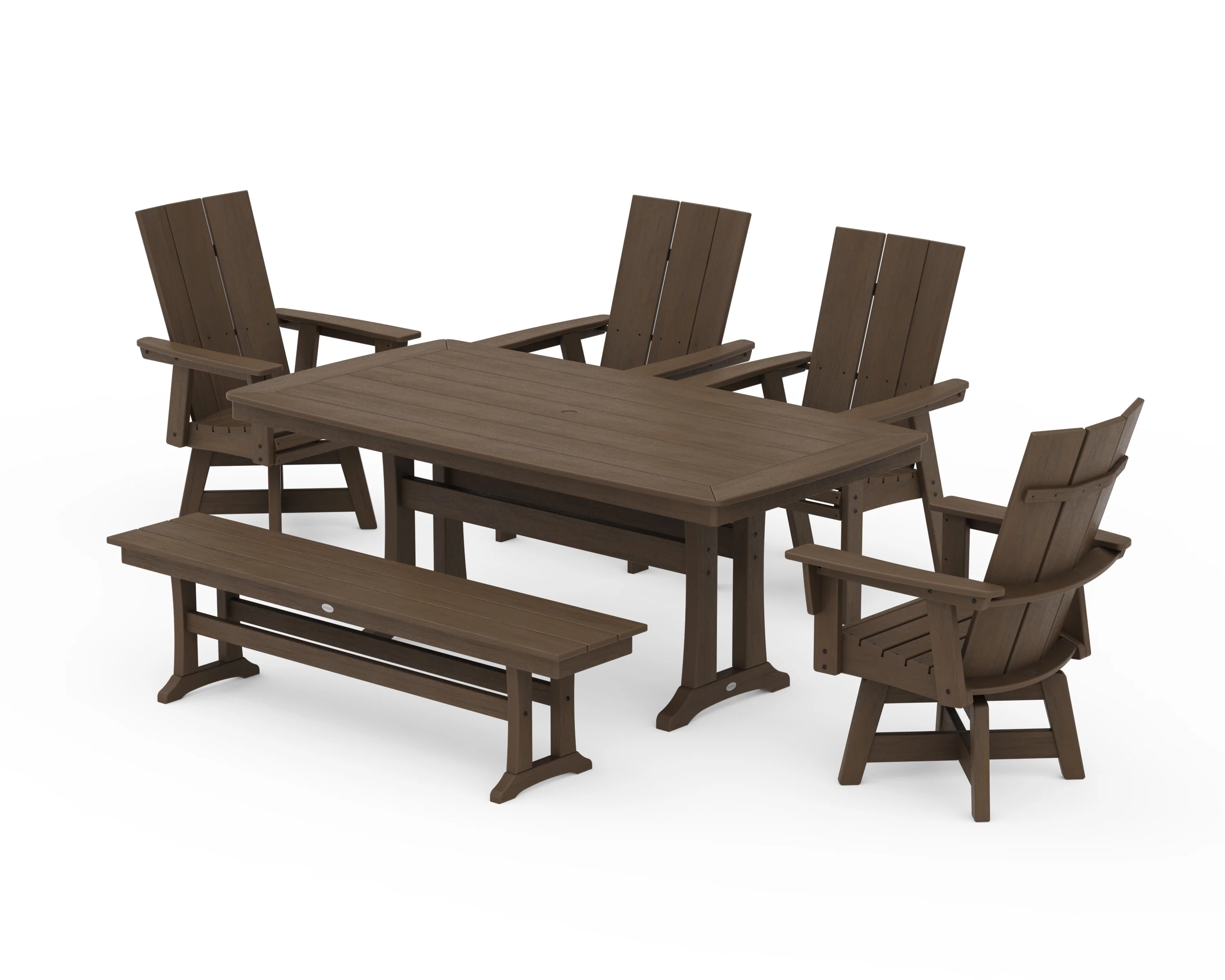 Modern Curveback Adirondack Swivel Chair 6-Piece Dining Set with Trestle Legs and Bench - Image 14