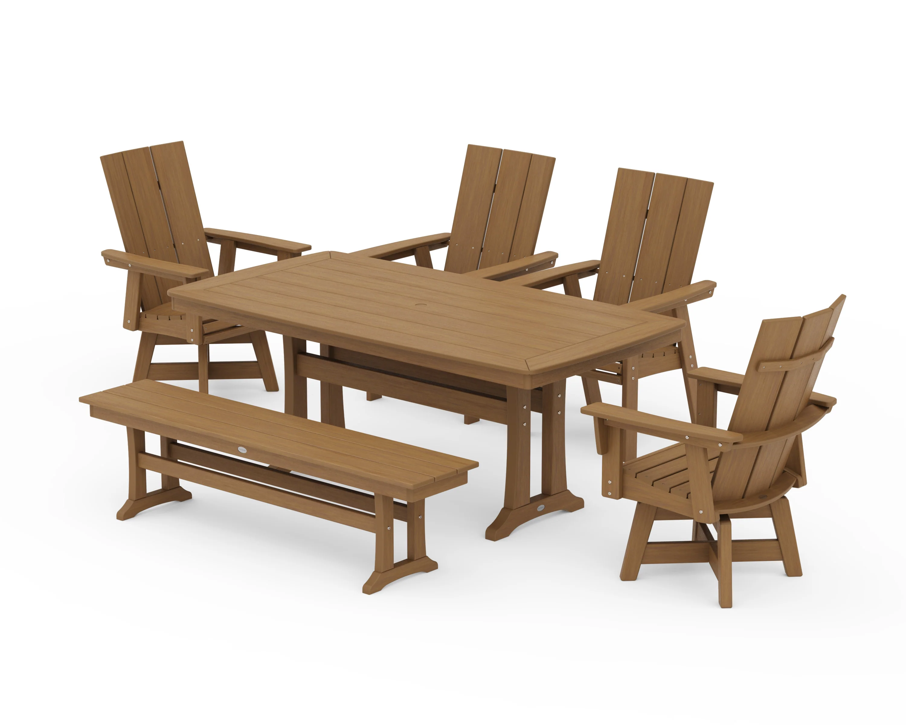 Modern Curveback Adirondack Swivel Chair 6-Piece Dining Set with Trestle Legs and Bench - Image 15