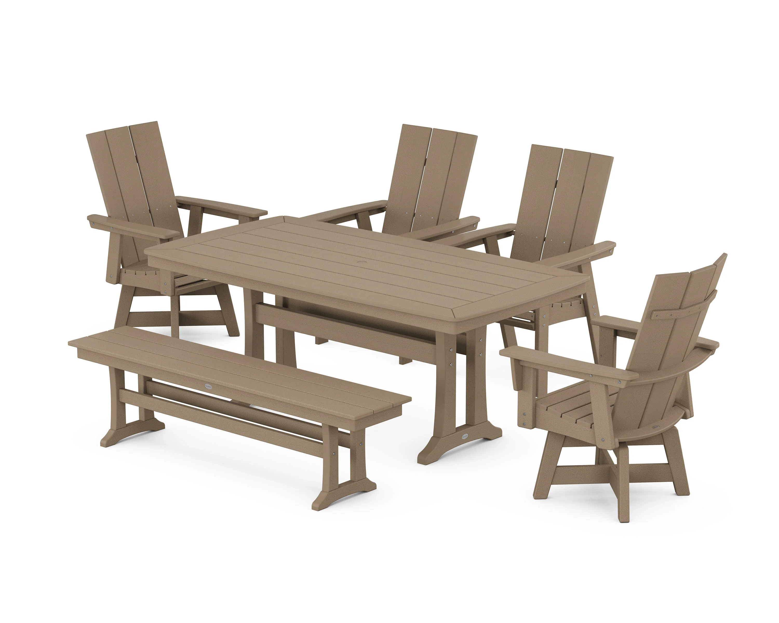 Modern Curveback Adirondack Swivel Chair 6-Piece Dining Set with Trestle Legs and Bench - Image 6