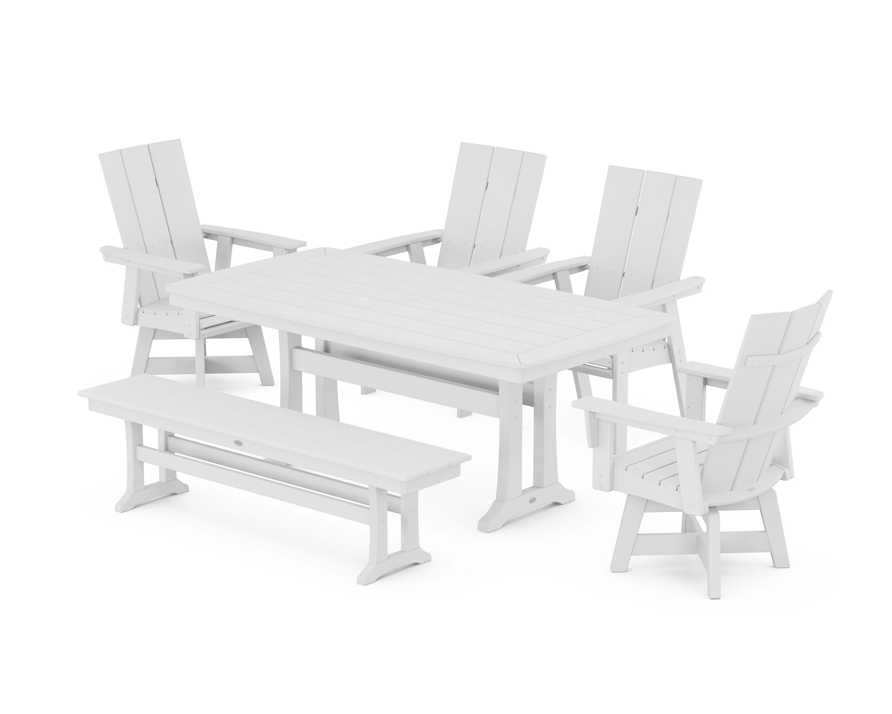 Modern Curveback Adirondack Swivel Chair 6-Piece Dining Set with Trestle Legs and Bench - Image 9