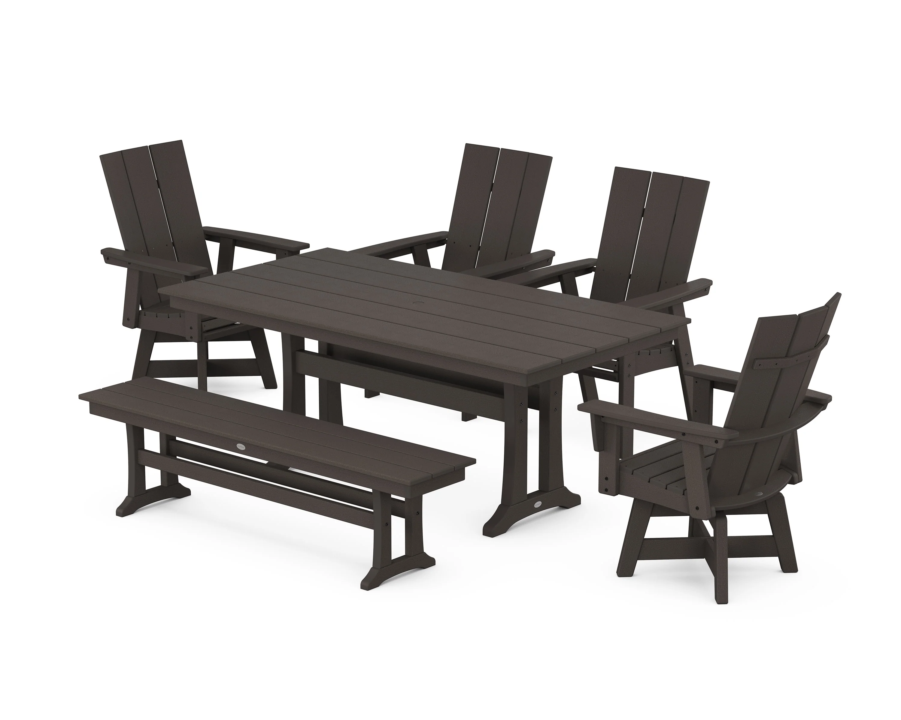 Modern Curveback Adirondack Swivel Chair 6-Piece Farmhouse Dining Set With Trestle Legs and Bench - Image 10