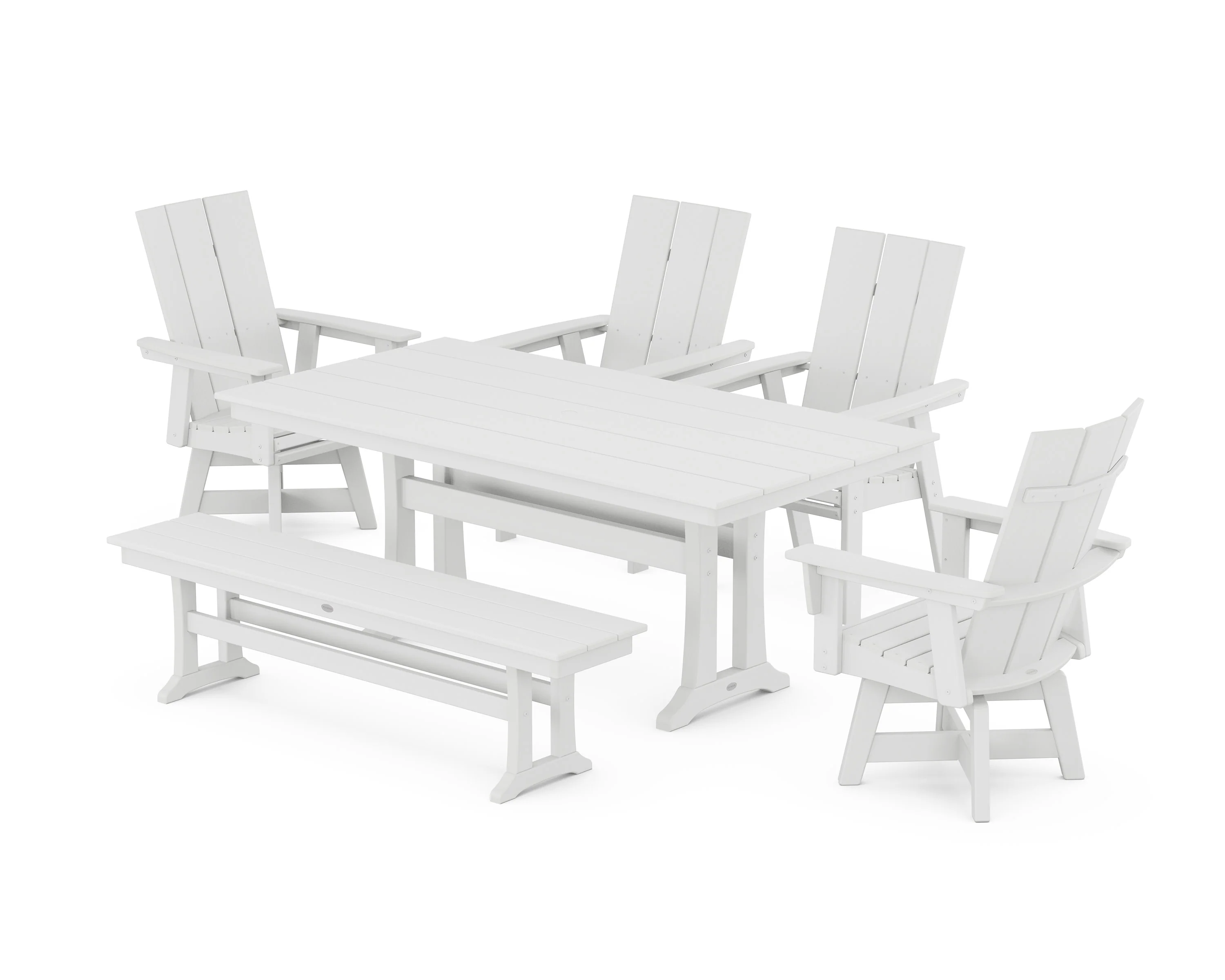 Modern Curveback Adirondack Swivel Chair 6-Piece Farmhouse Dining Set With Trestle Legs and Bench - Image 12