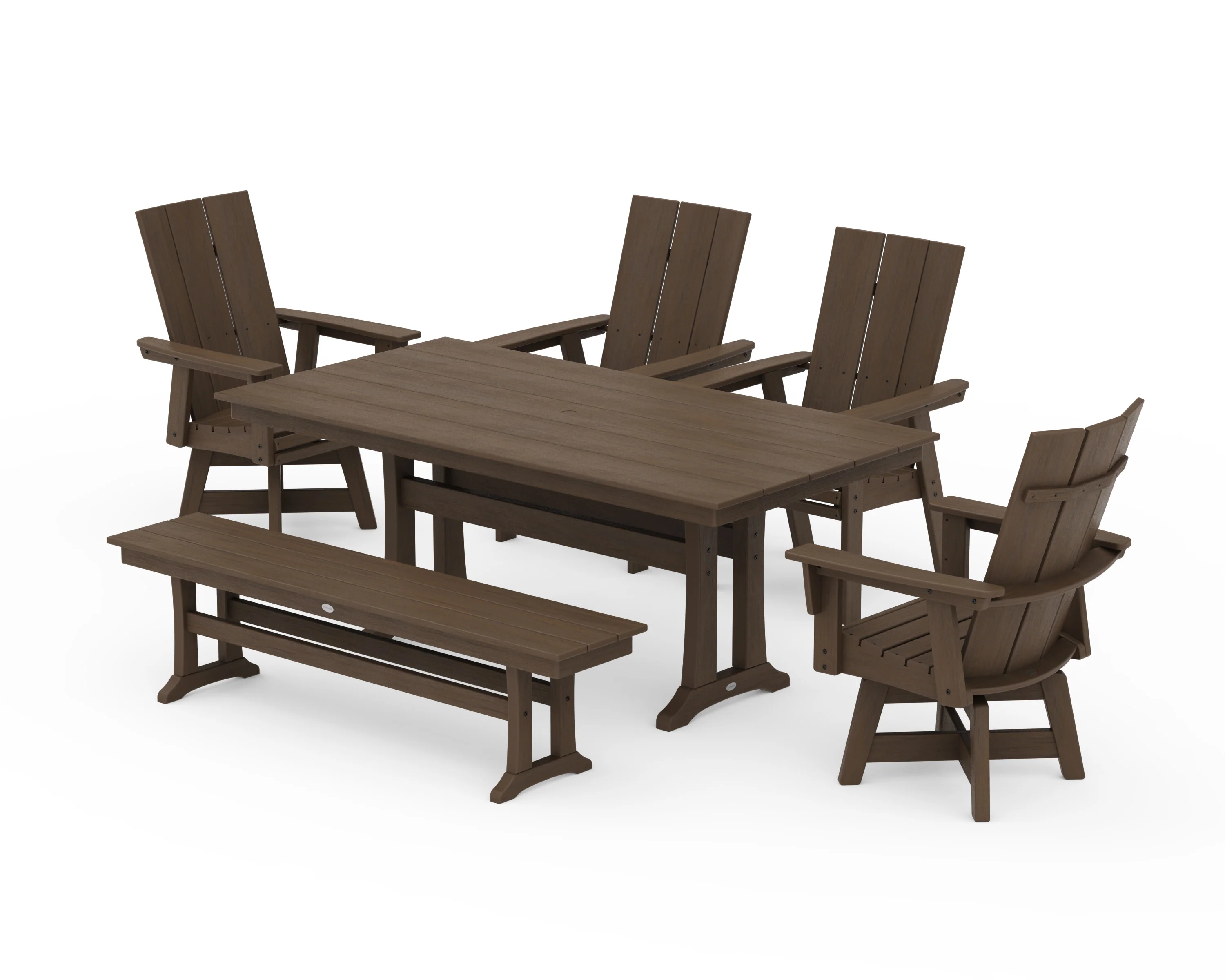 Modern Curveback Adirondack Swivel Chair 6-Piece Farmhouse Dining Set With Trestle Legs and Bench - Image 14