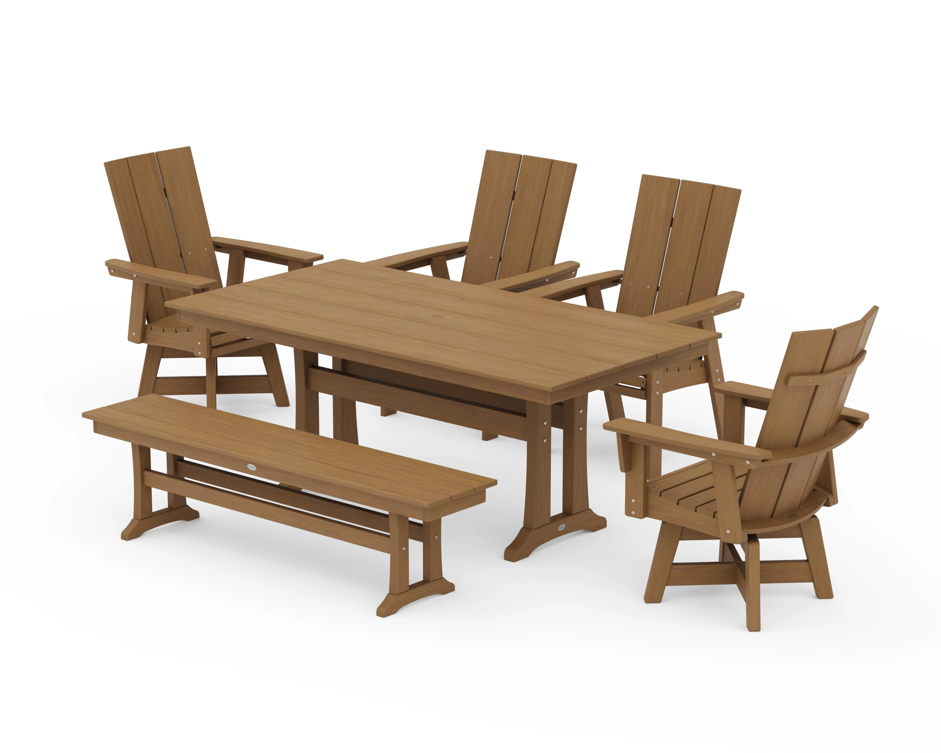 Modern Curveback Adirondack Swivel Chair 6-Piece Farmhouse Dining Set With Trestle Legs and Bench - Image 15