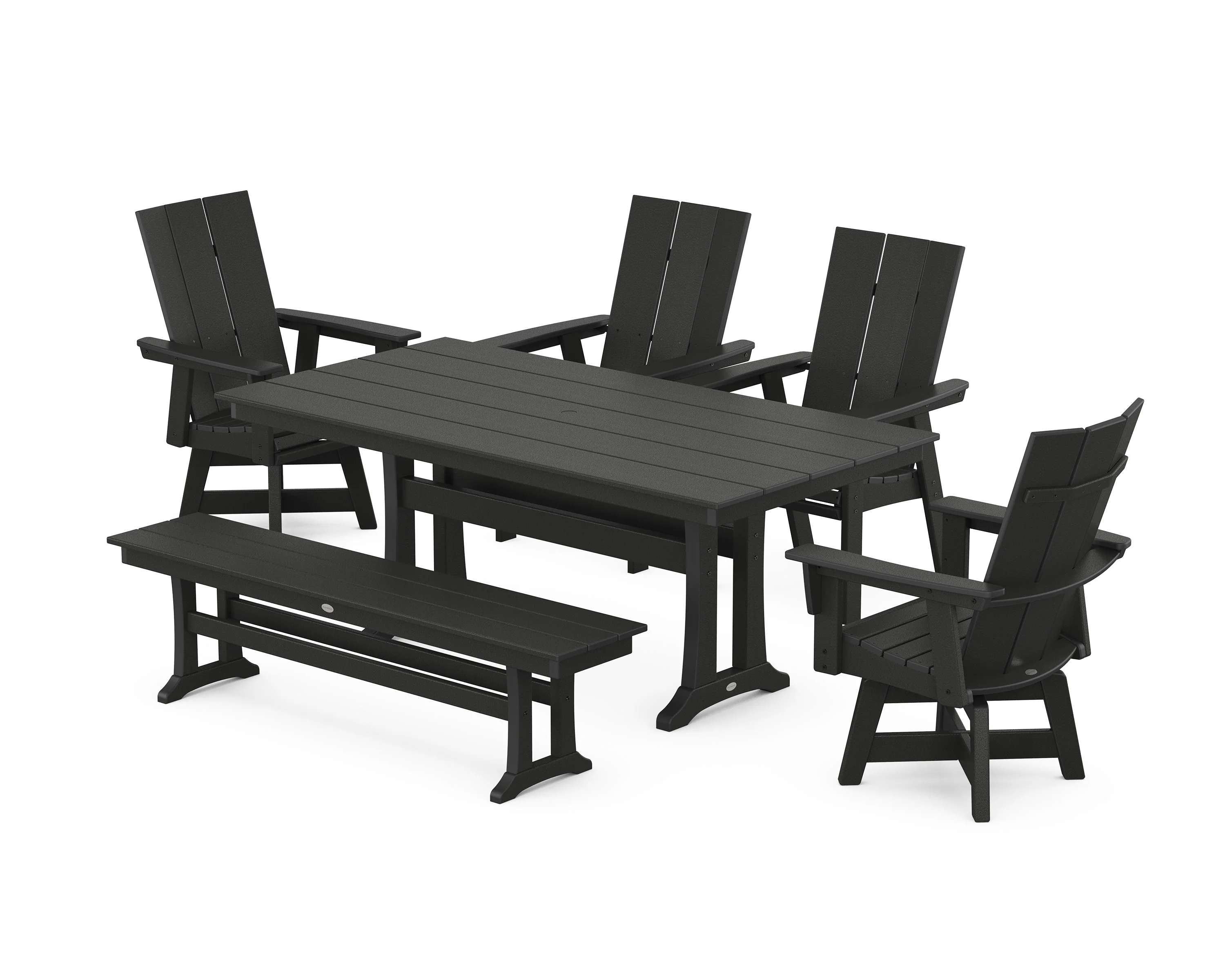 Modern Curveback Adirondack Swivel Chair 6-Piece Farmhouse Dining Set With Trestle Legs and Bench - Image 4