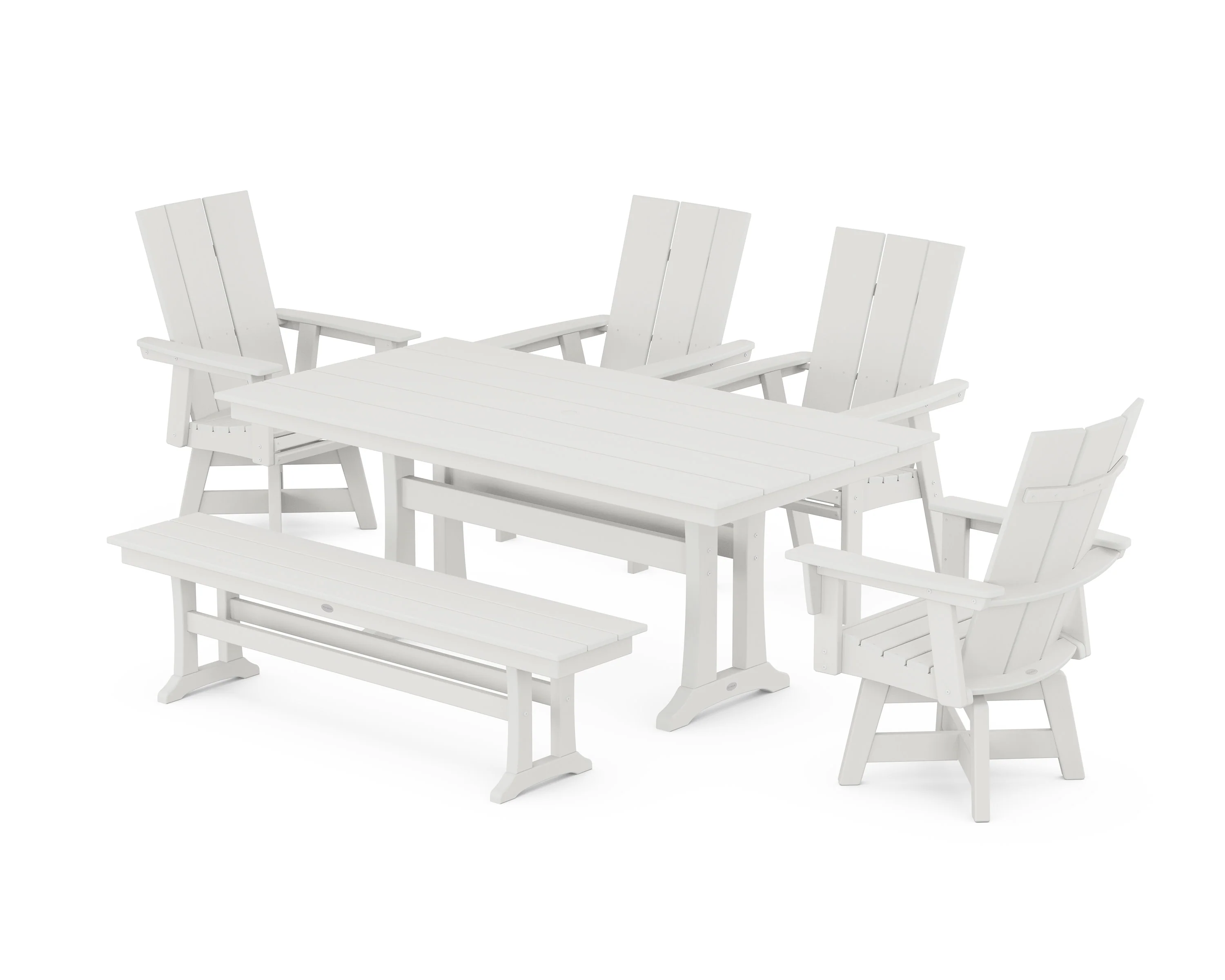 Modern Curveback Adirondack Swivel Chair 6-Piece Farmhouse Dining Set With Trestle Legs and Bench - Image 5
