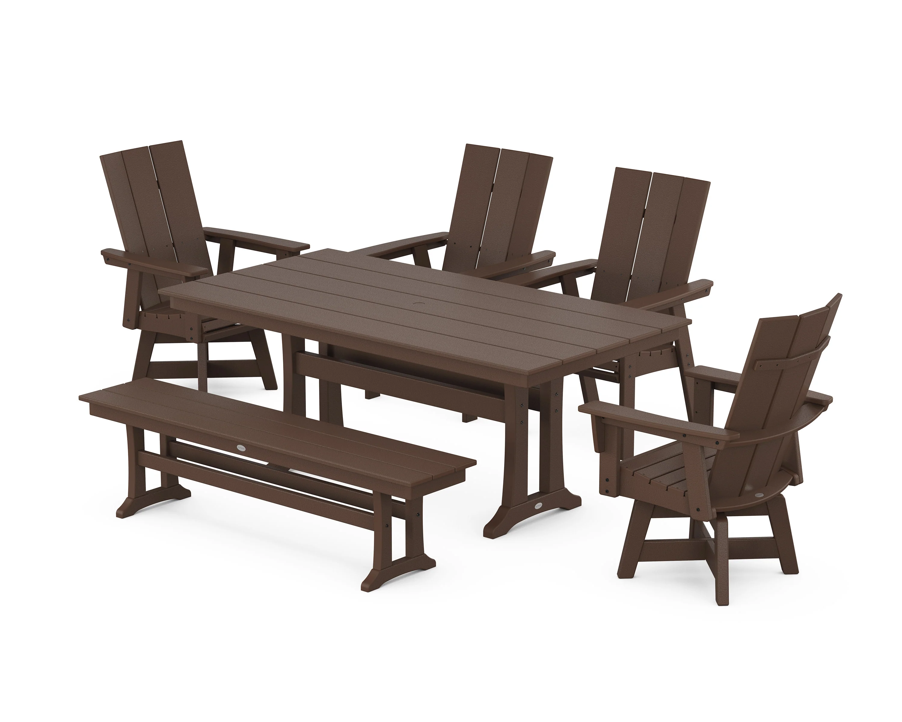 Modern Curveback Adirondack Swivel Chair 6-Piece Farmhouse Dining Set With Trestle Legs and Bench - Image 6