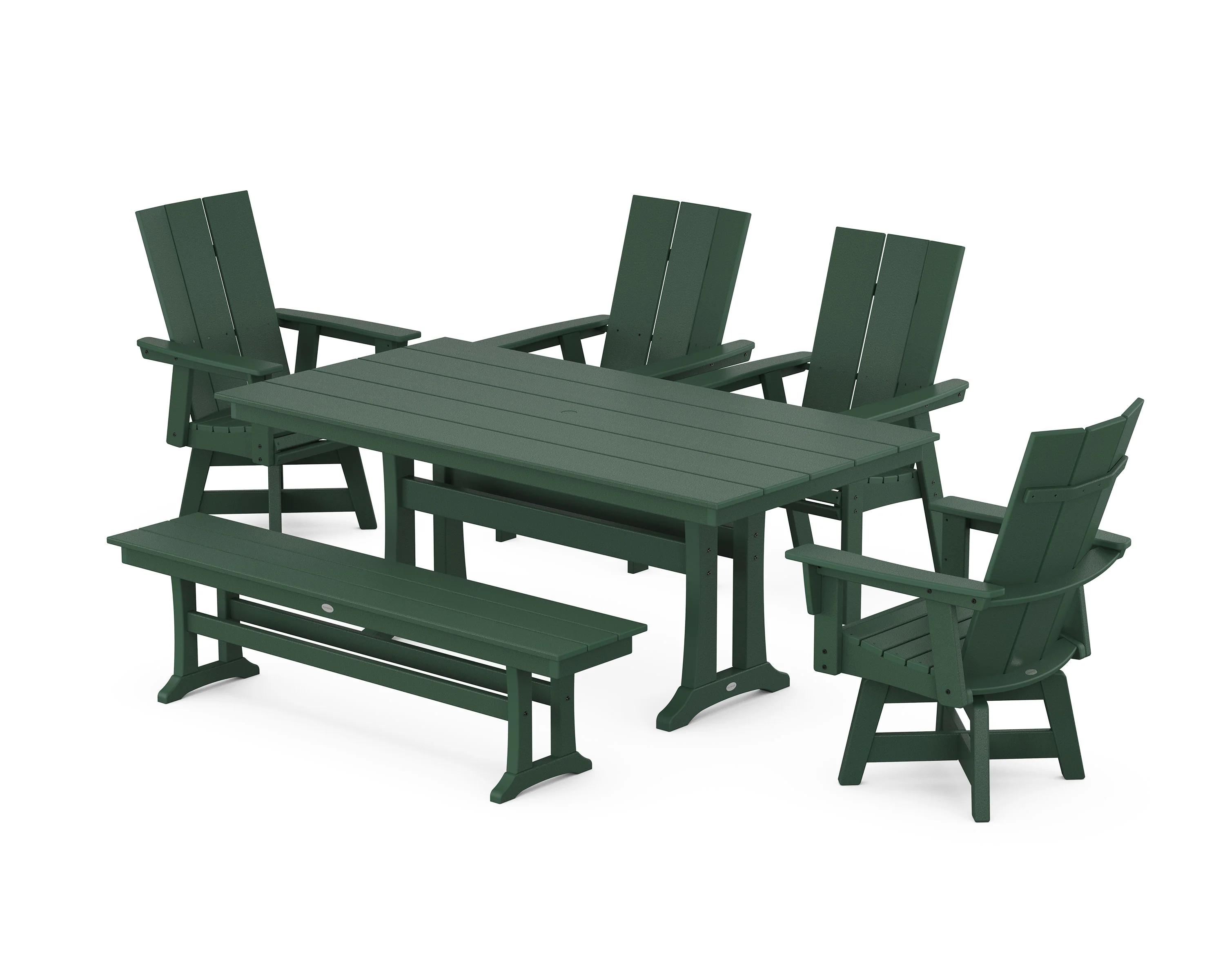 Modern Curveback Adirondack Swivel Chair 6-Piece Farmhouse Dining Set With Trestle Legs and Bench - Image 9